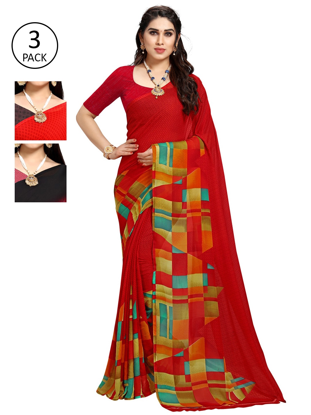 

KALINI Women Pack of 3 Multicolor Poly Georgette Printed Saree, Red