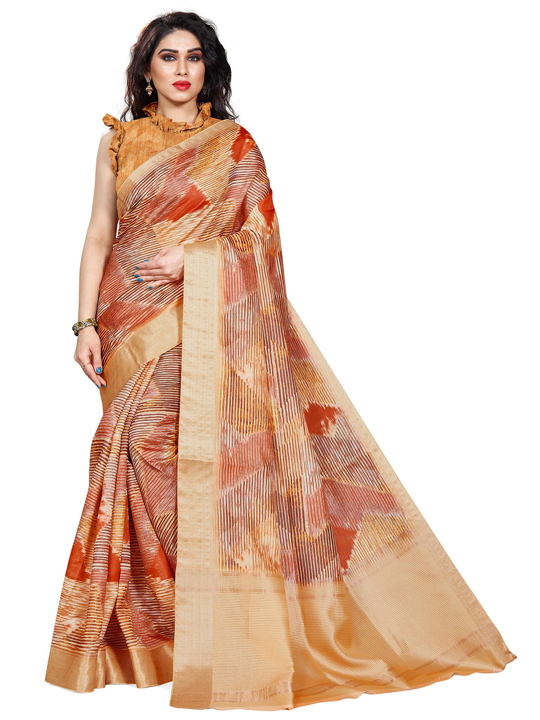 

MIRCHI FASHION Orange & Beige Striped Saree