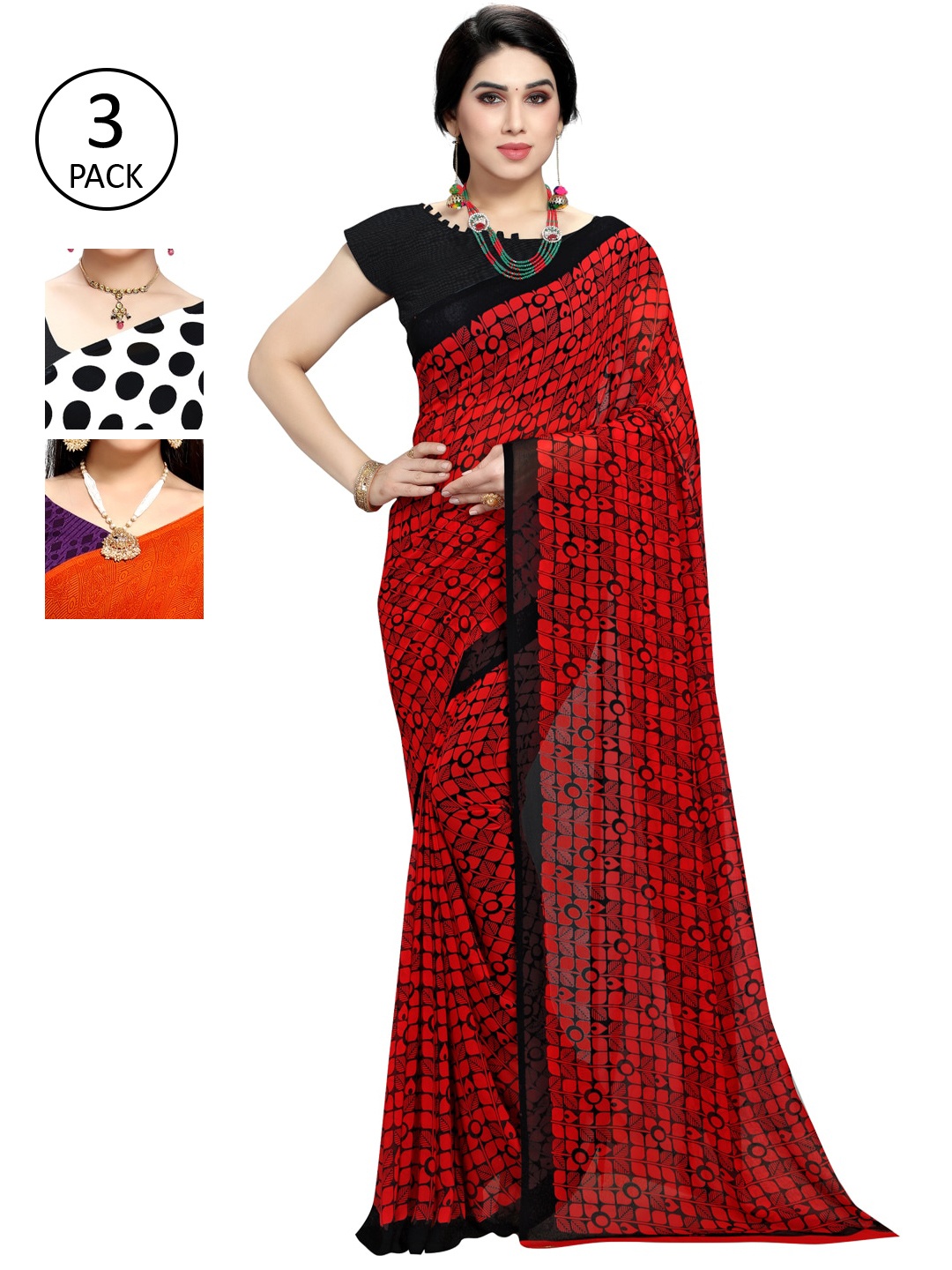 

KALINI Women Pack Of 3 Poly Georgette Saree, Red