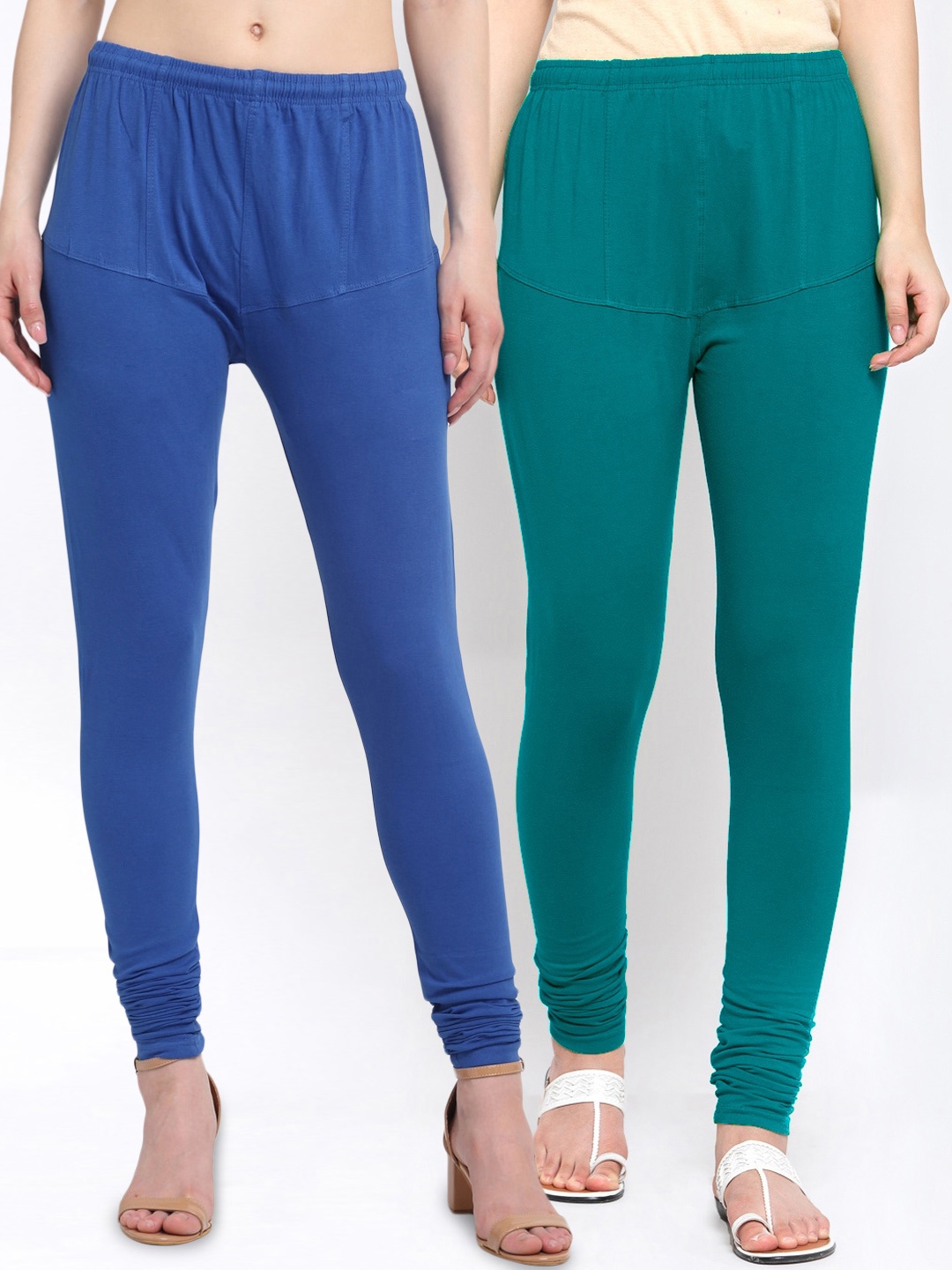 

KLOTTHE Women Pack Of 2 Blue & Teal Solid Churidar-Length Cotton Leggings