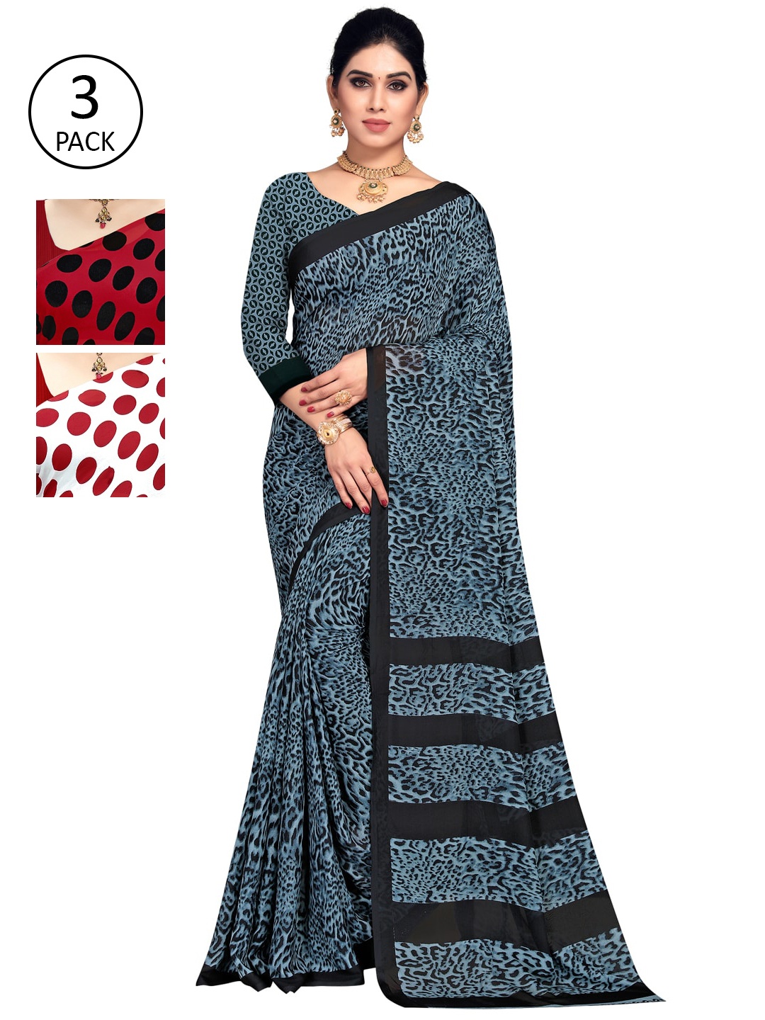 

ANAND SAREES Multicolor Georgette Printed Daily Wear Saree With Unstitched Blouse(Pack of 3), White
