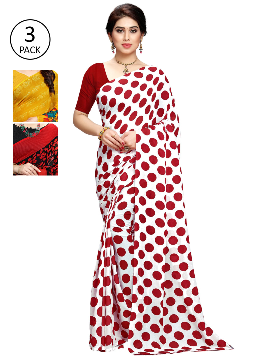 

KALINI Set of 3 White, Yellow & Black Printed Sarees