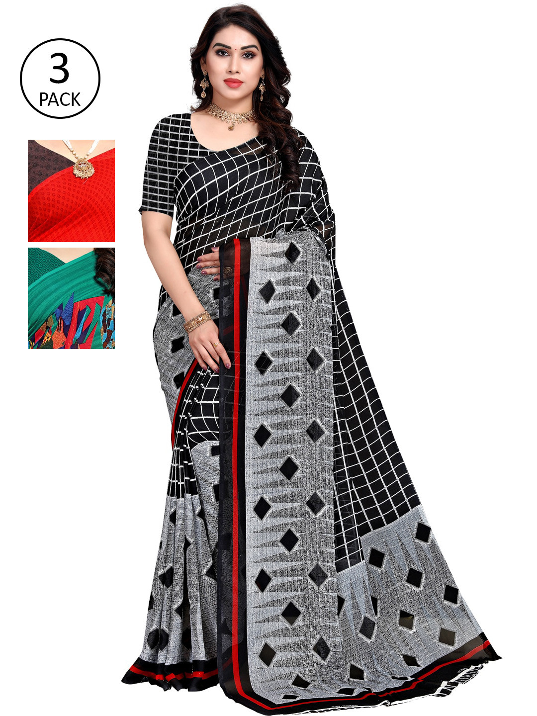 

KALINI Pack Of 3 Multicoloured Poly Georgette Sarees, Multi