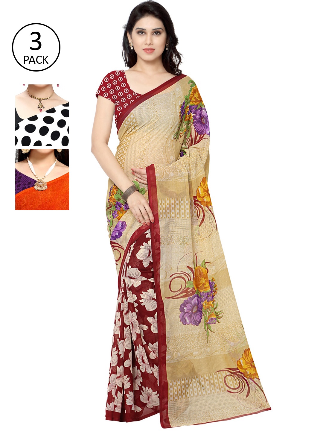

KALINI Pack Of Three Printed Saree, White