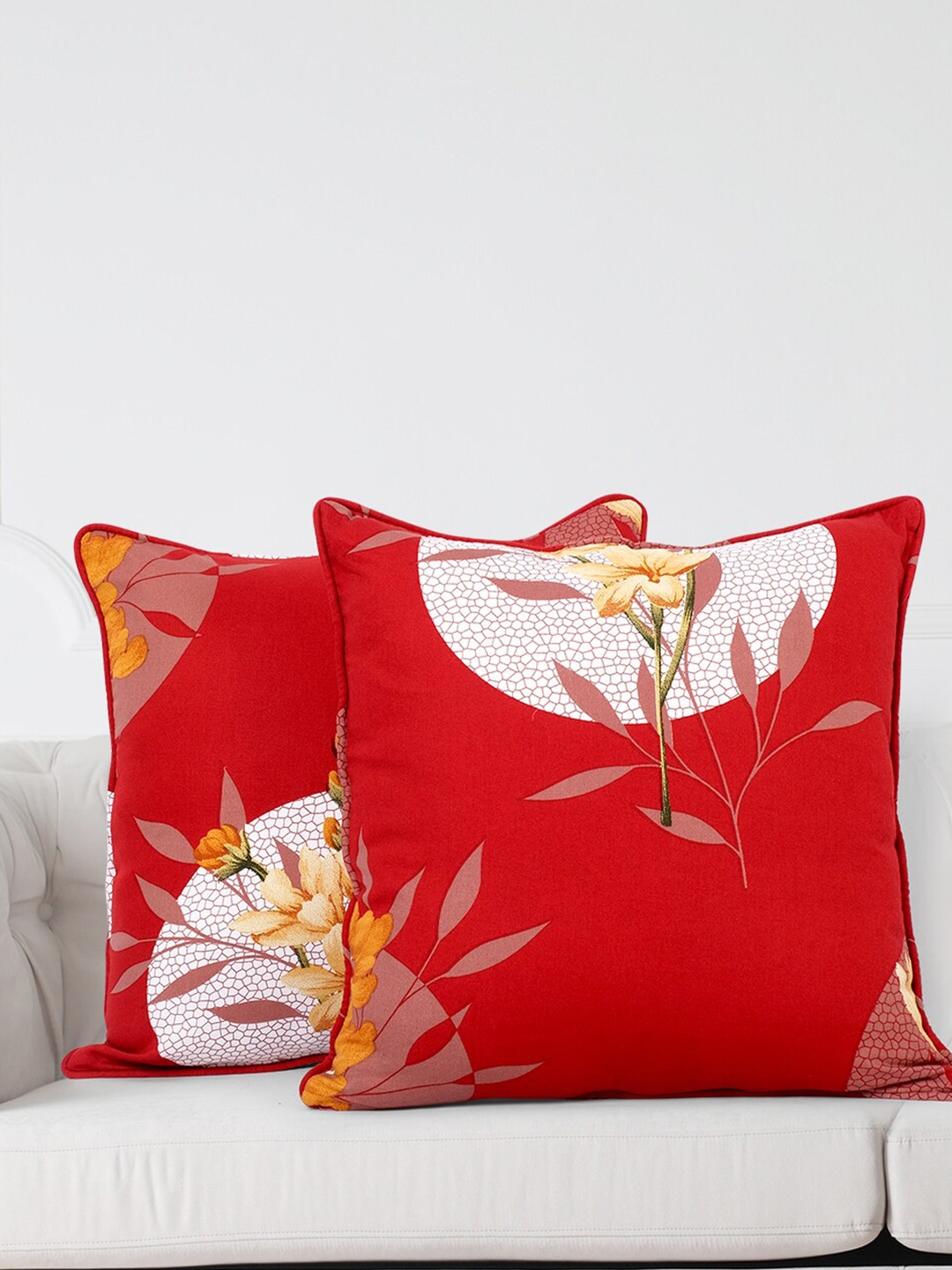 

SWAYAM Red & White Set of 2 Floral Square Cushion Covers