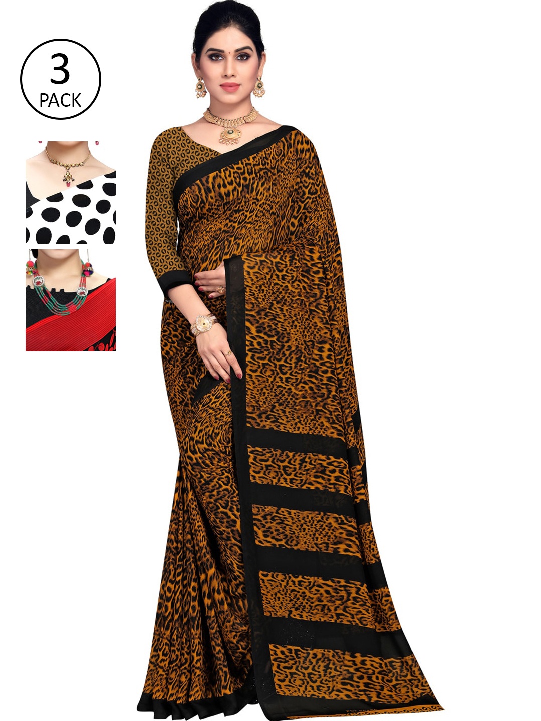 

KALINI Women Pack of 3 Multicolor Poly Georgette Printed Saree, White
