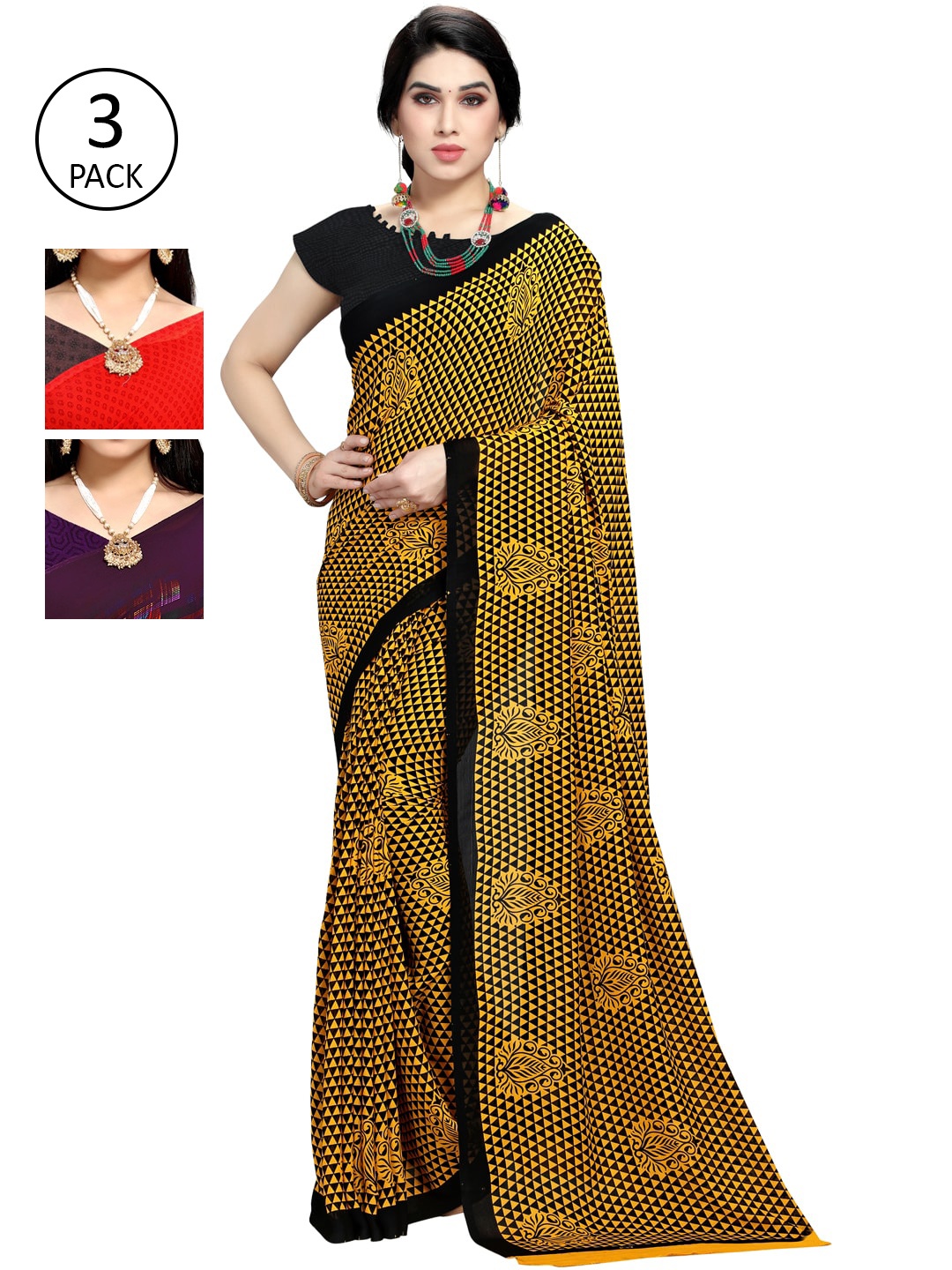 

KALINI Pack Of 3 Red & Blue Saree