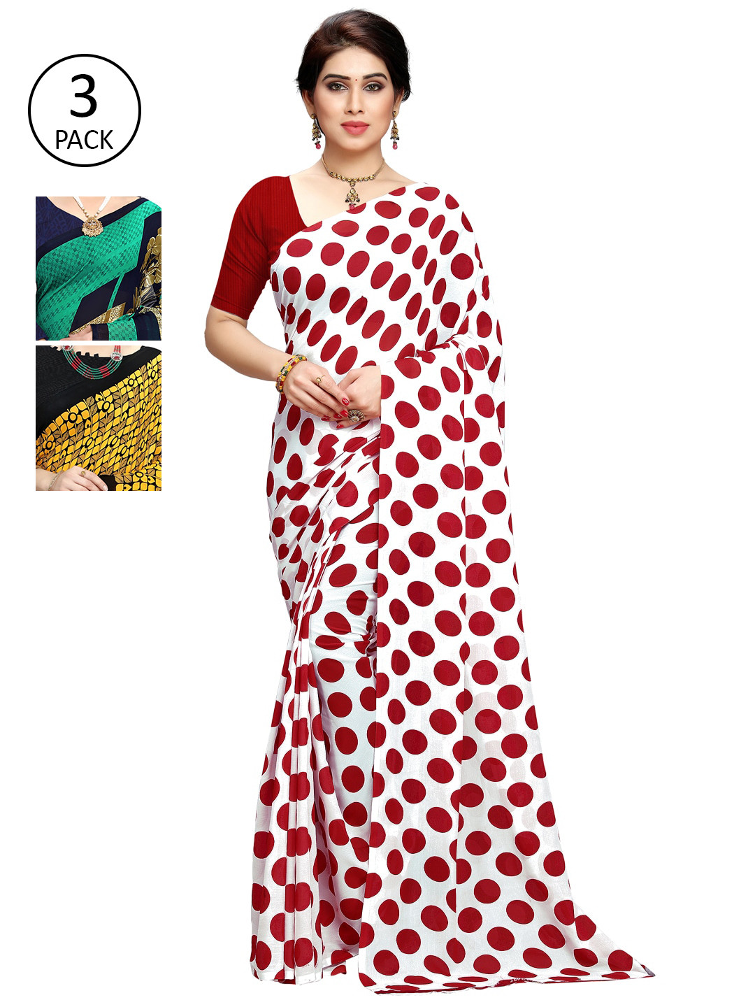 

KALINI Pack of 3 Poly Georgette Saree, White