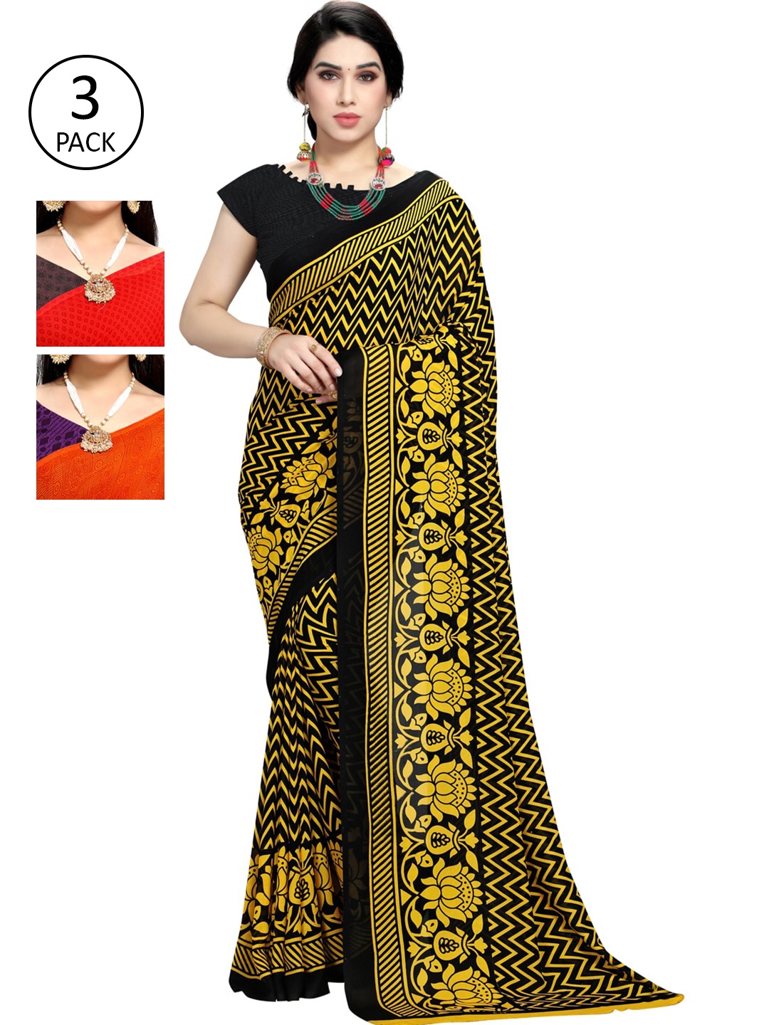 

KALINI Women Pack Of 3 Printed Sarees, Yellow