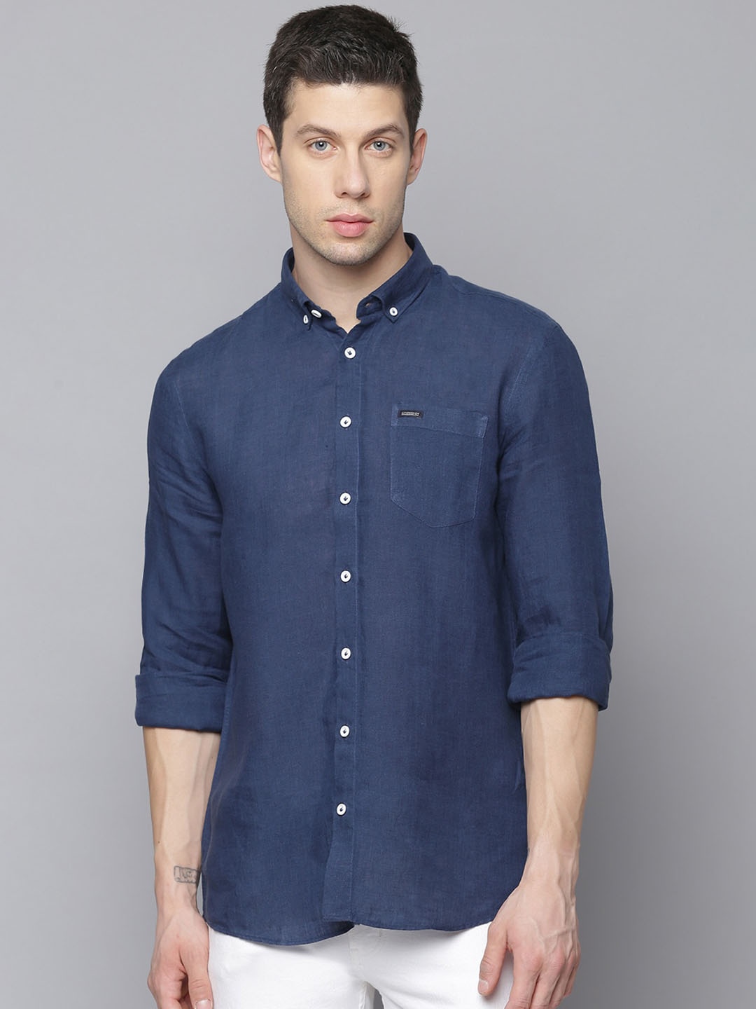 LINDBERGH Men Navy Blue Solid Slim Fit Casual Shirt