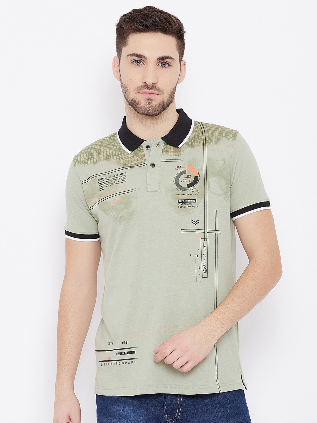 

Duke Men Green & Blue Printed Polo Collar Slim Fit T-shirt