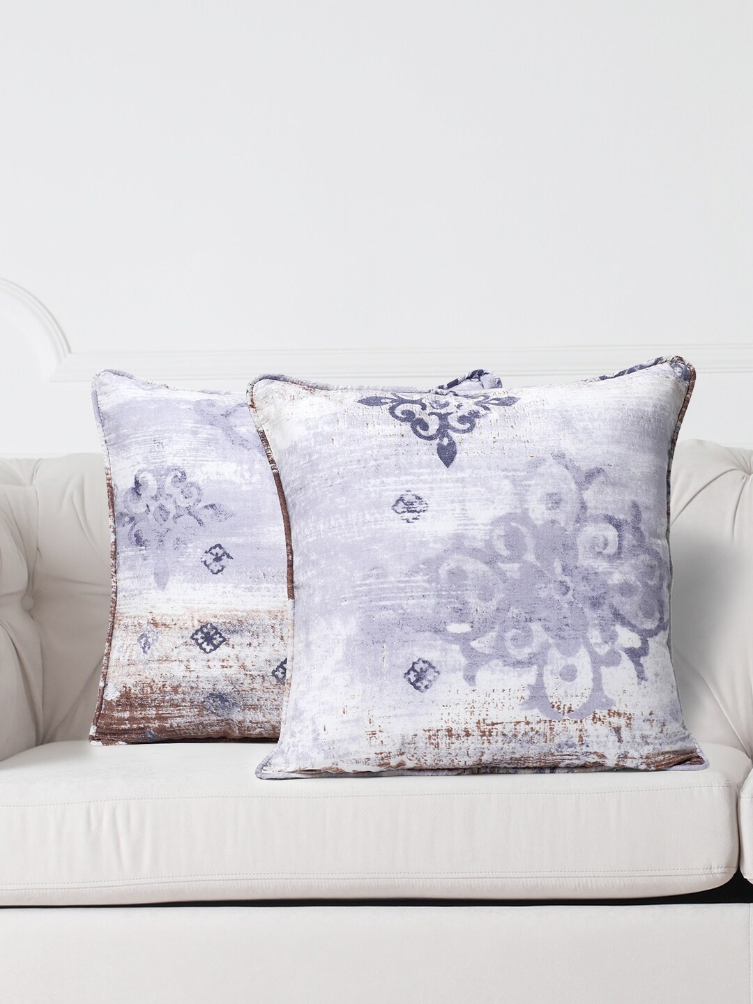 SWAYAM White & Grey Set of 2 Ethnic Motifs Square Cushion Covers