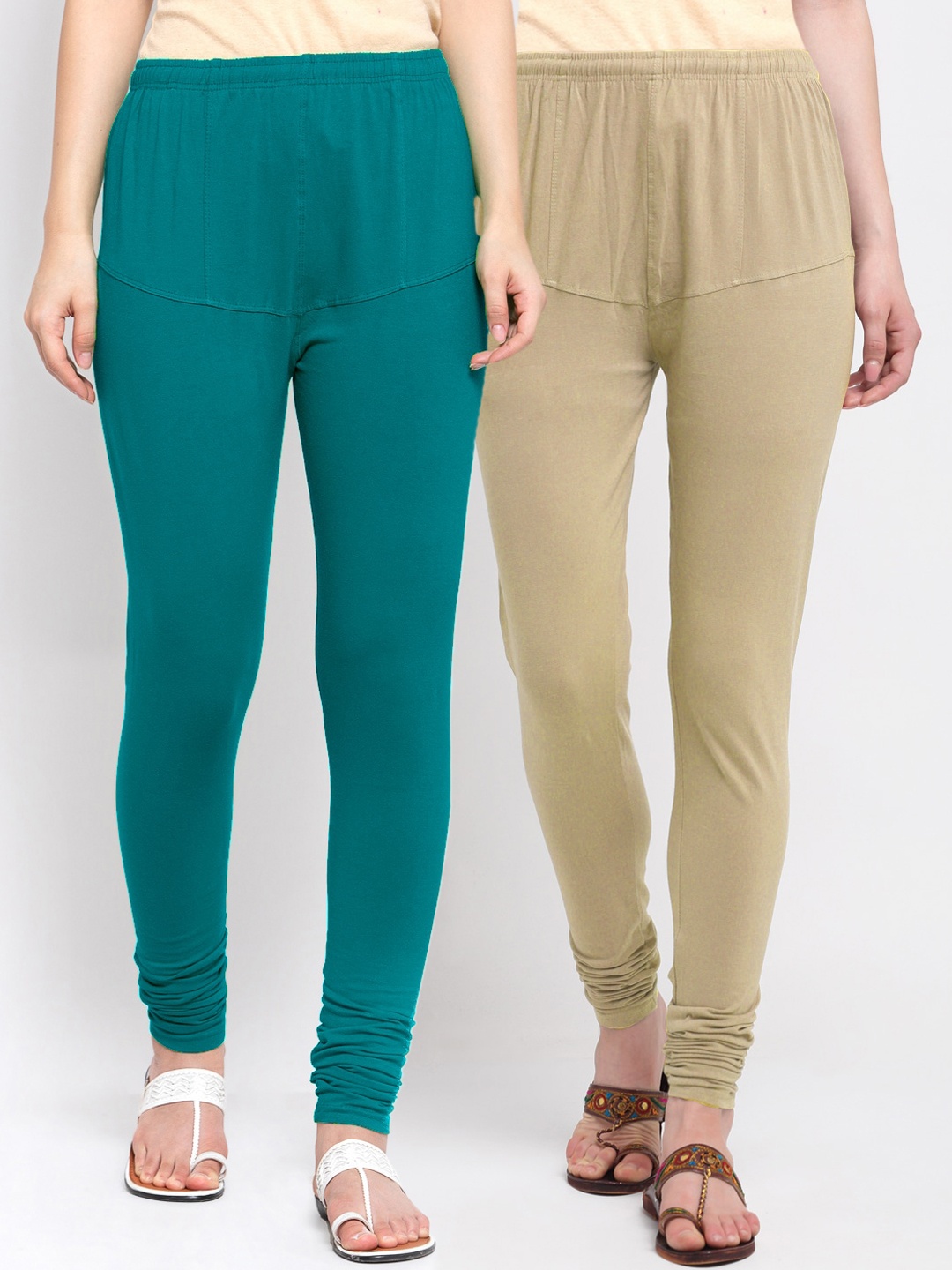 

KLOTTHE Women Pack Of 2 Teal & Beige Cotton Churidar-Length Leggings