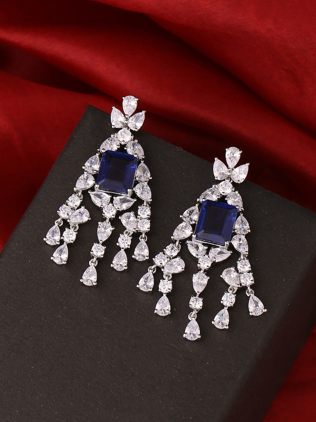 

Tistabene Women Rhodium-Toned Blue Crystal Studded Contemporary Drop Earrings