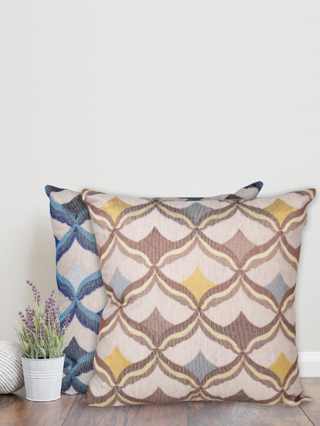 

Home Set Of 2 Beige & Yellow Geometric Square Cushion Covers