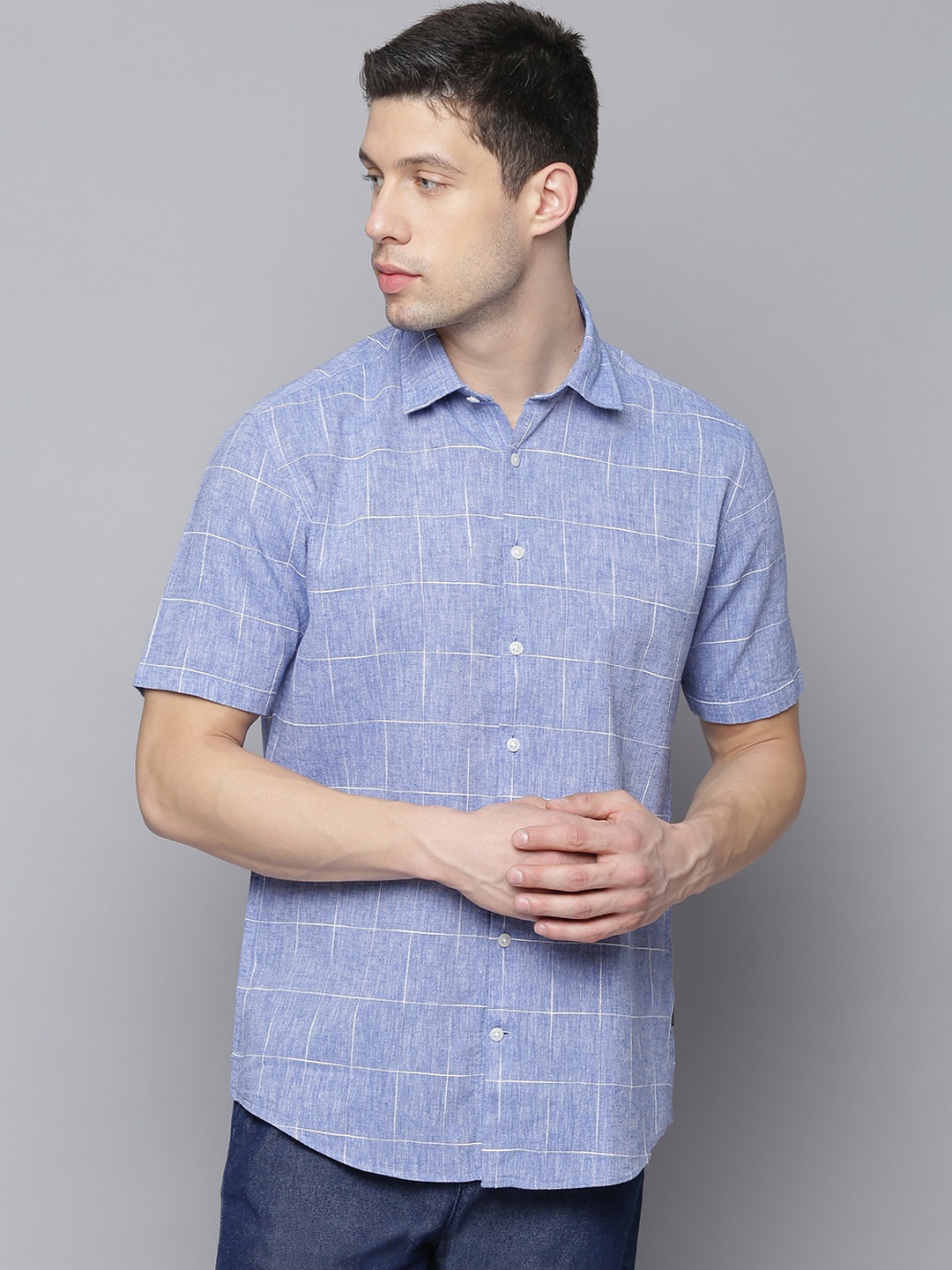 

LINDBERGH Men Blue Slim Fit Windowpane Checked Casual Shirt