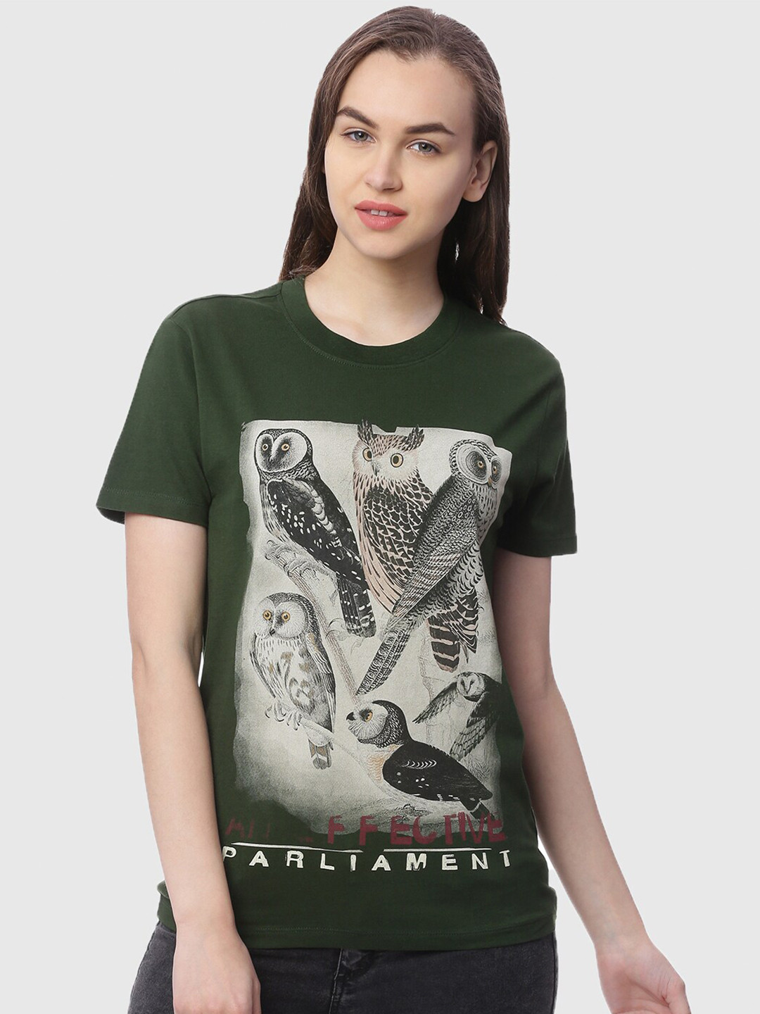 

Wolfpack Women Olive Green Printed T-shirt