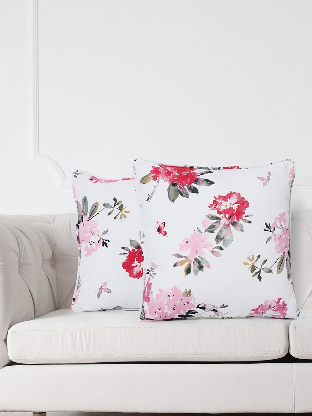 

SWAYAM White & Pink Set of 2 Floral Square Cushion Covers