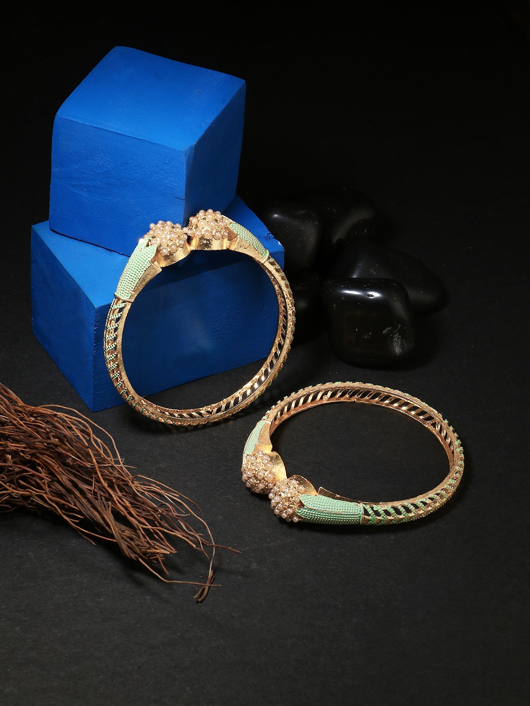 

Adwitiya Set Of 2 Gold-Plated Green Stone-Studded Handcrafted Enameled Bangles