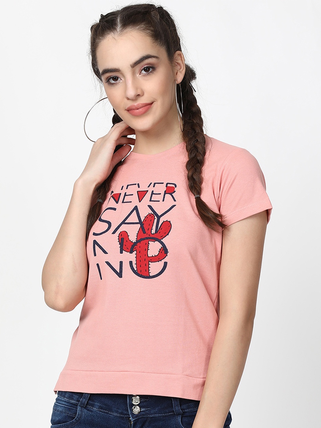 

V2 Value & Variety Women Peach-Coloured & Red Printed T-shirt