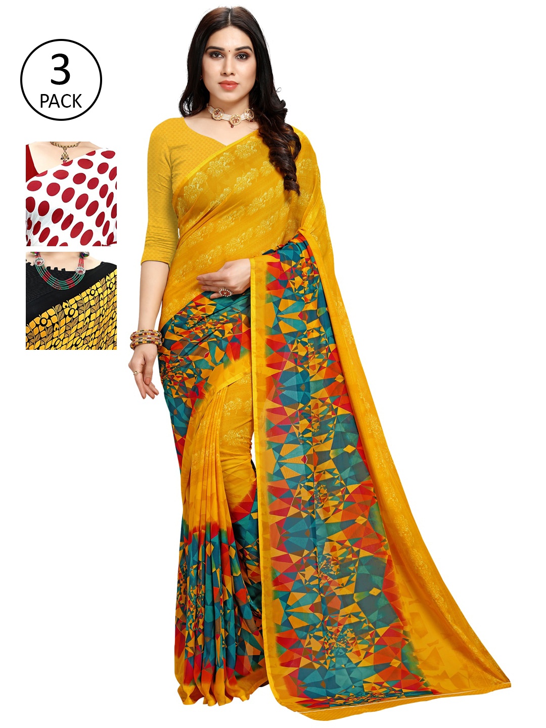 

KALINI Pack of 3 Printed Poly Georgette Sarees, Red
