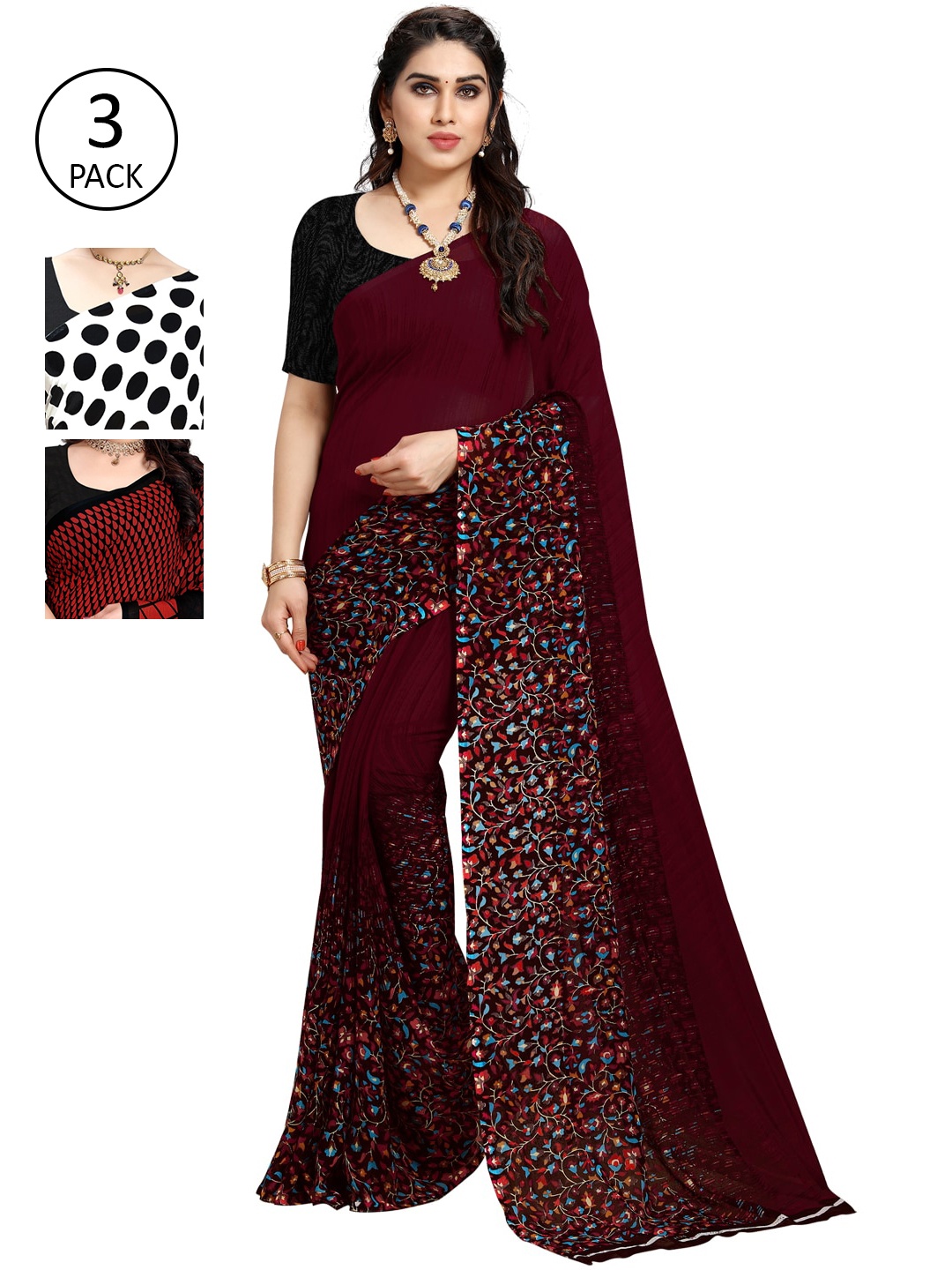 

ANAND SAREES Pack Of 3 Multicoloured Printed Sarees, White