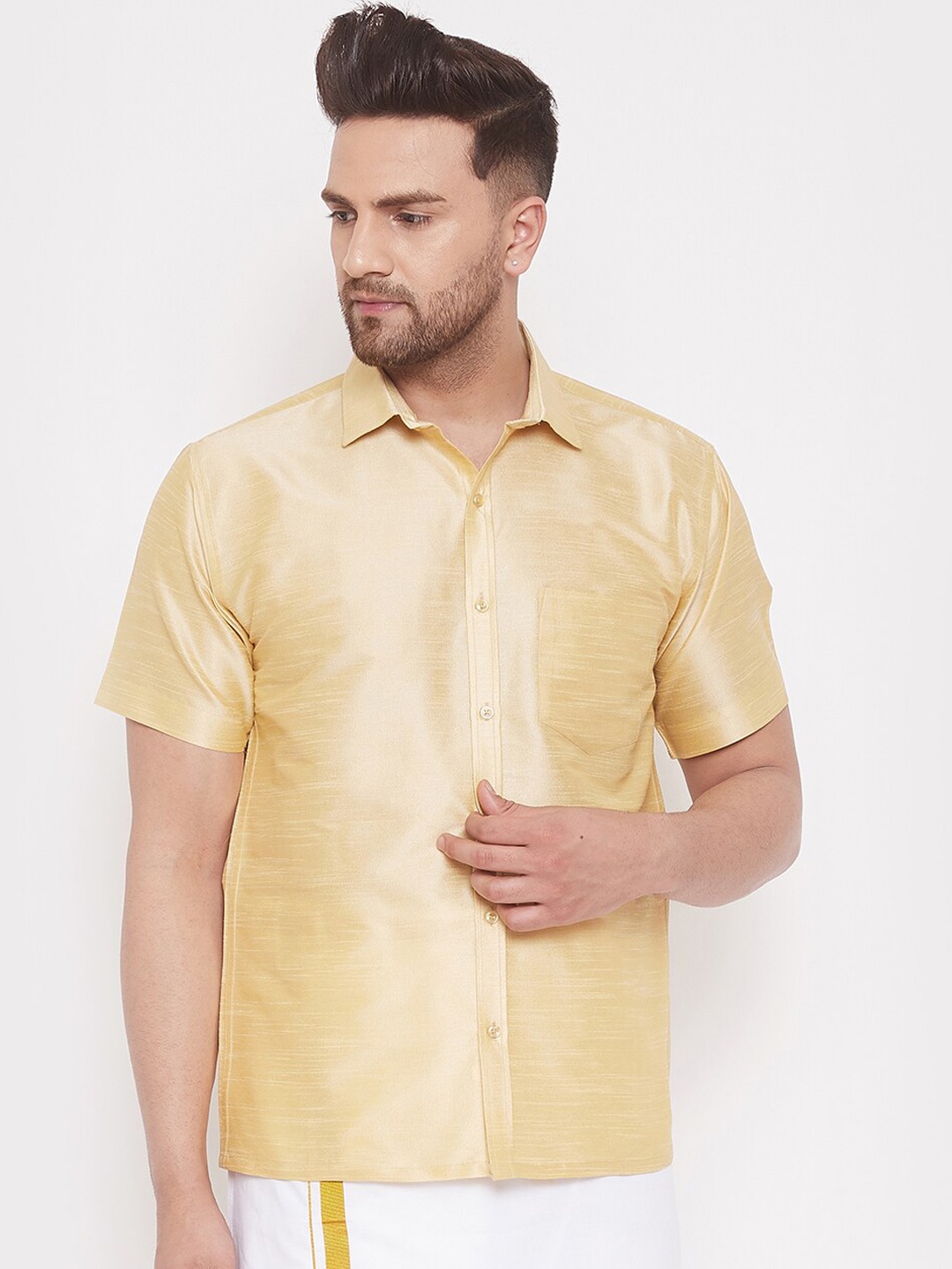 VASTRAMAY Men Gold Solid Ethnic Regular Fit Casual Shirt