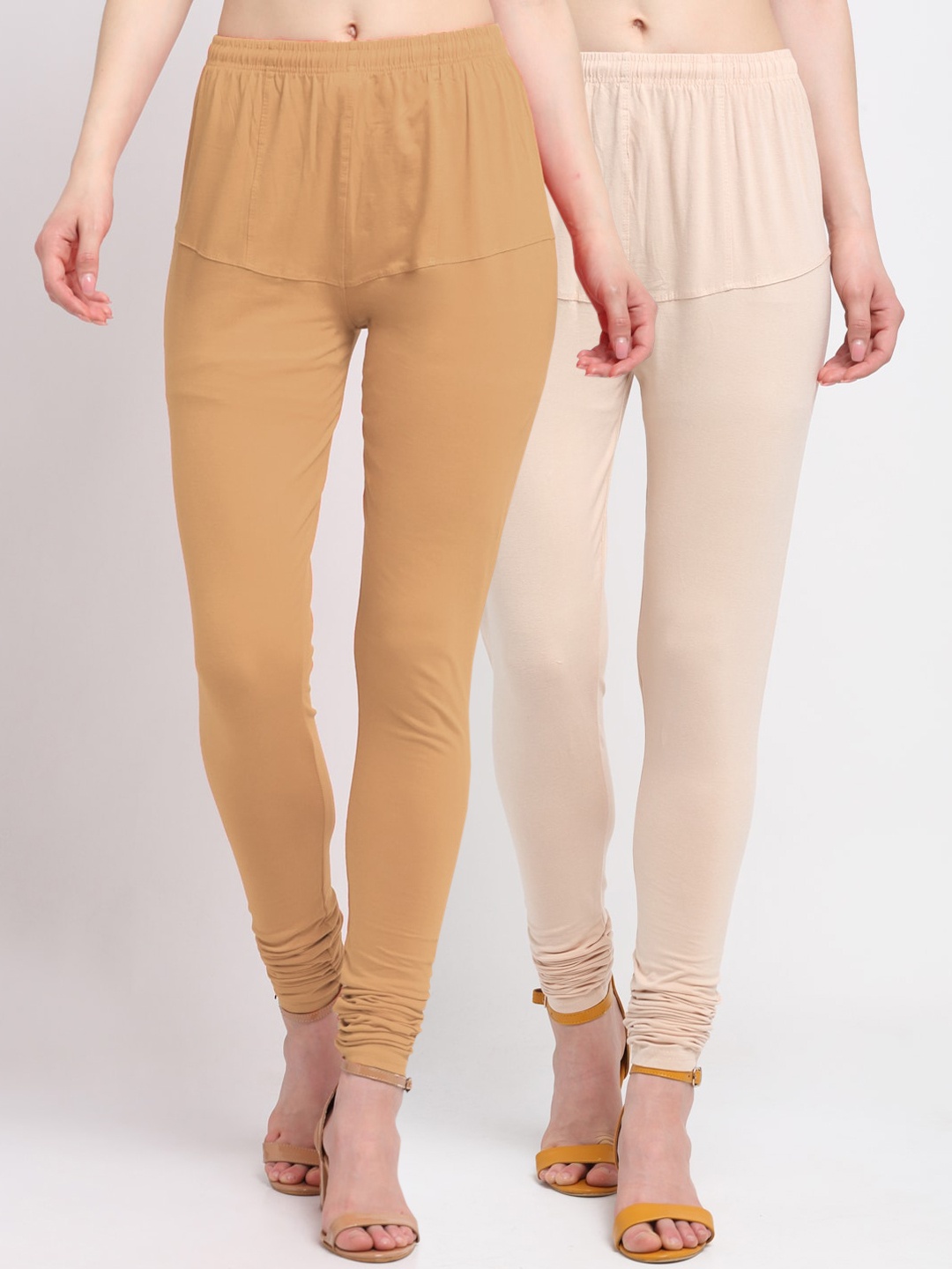 

KLOTTHE Women Pack of 2 Beige & Brown Solid Cotton Churidar-Length Leggings