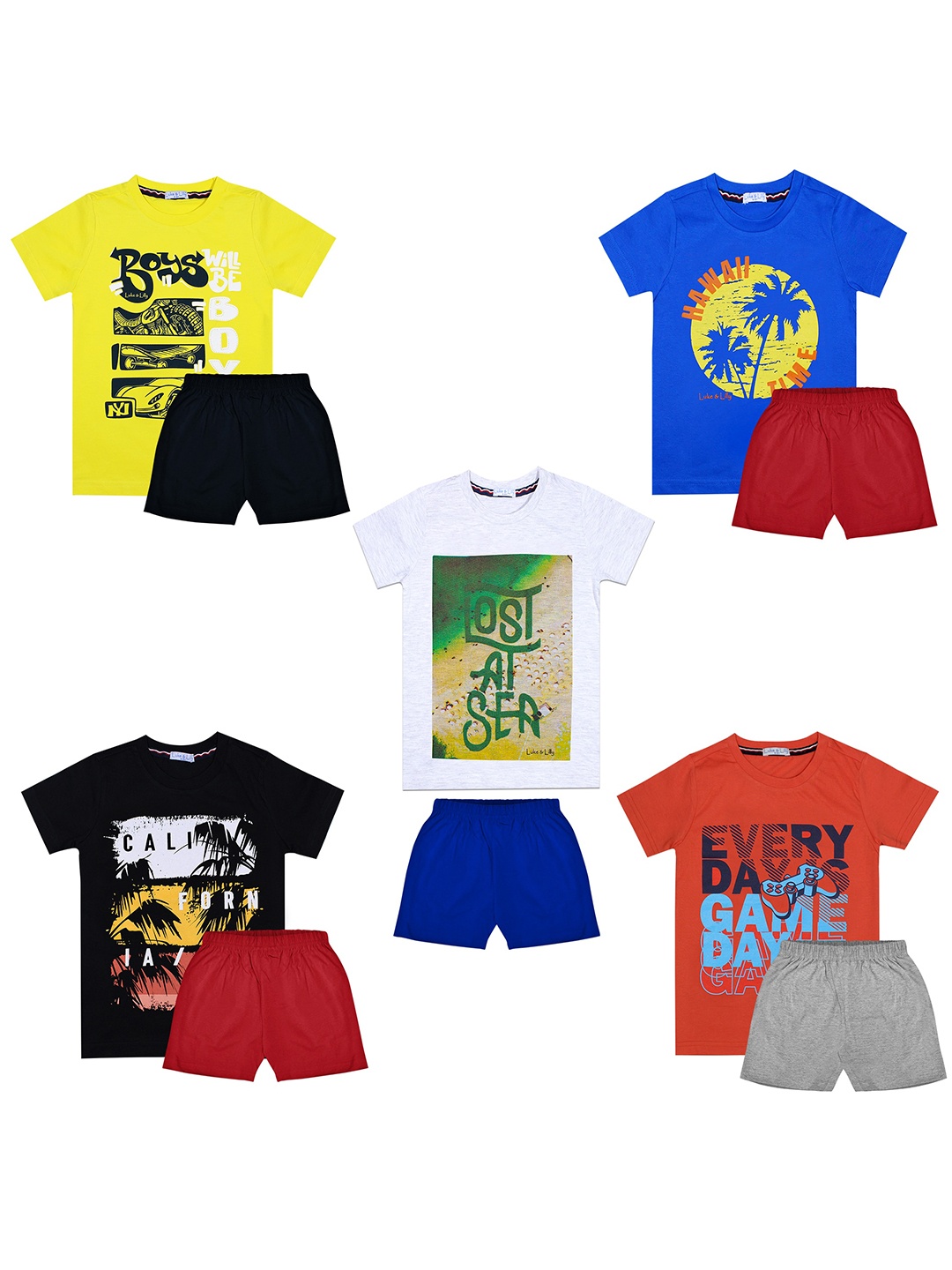 

Luke & Lilly Boys Multicoloured Set of 5 Printed T-shirt with Shorts, Multi