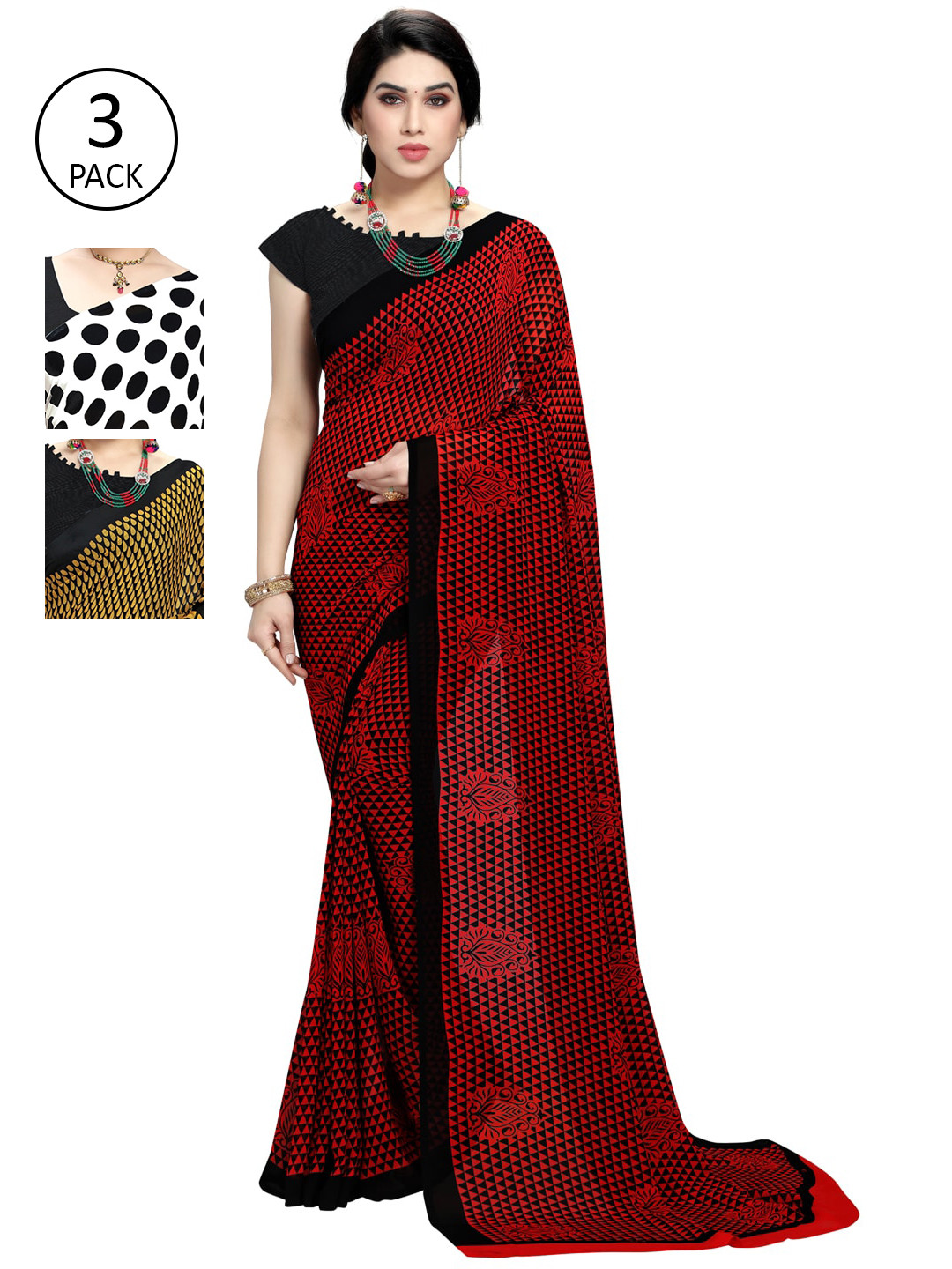 

KALINI Pack of 3 Printed Sarees, Black