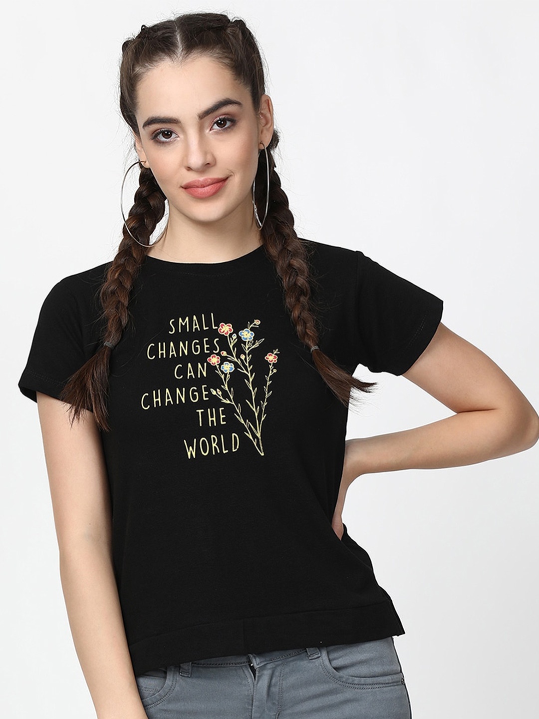 

V2 Value & Variety Black & Yellow Pure Cotton Regular Top