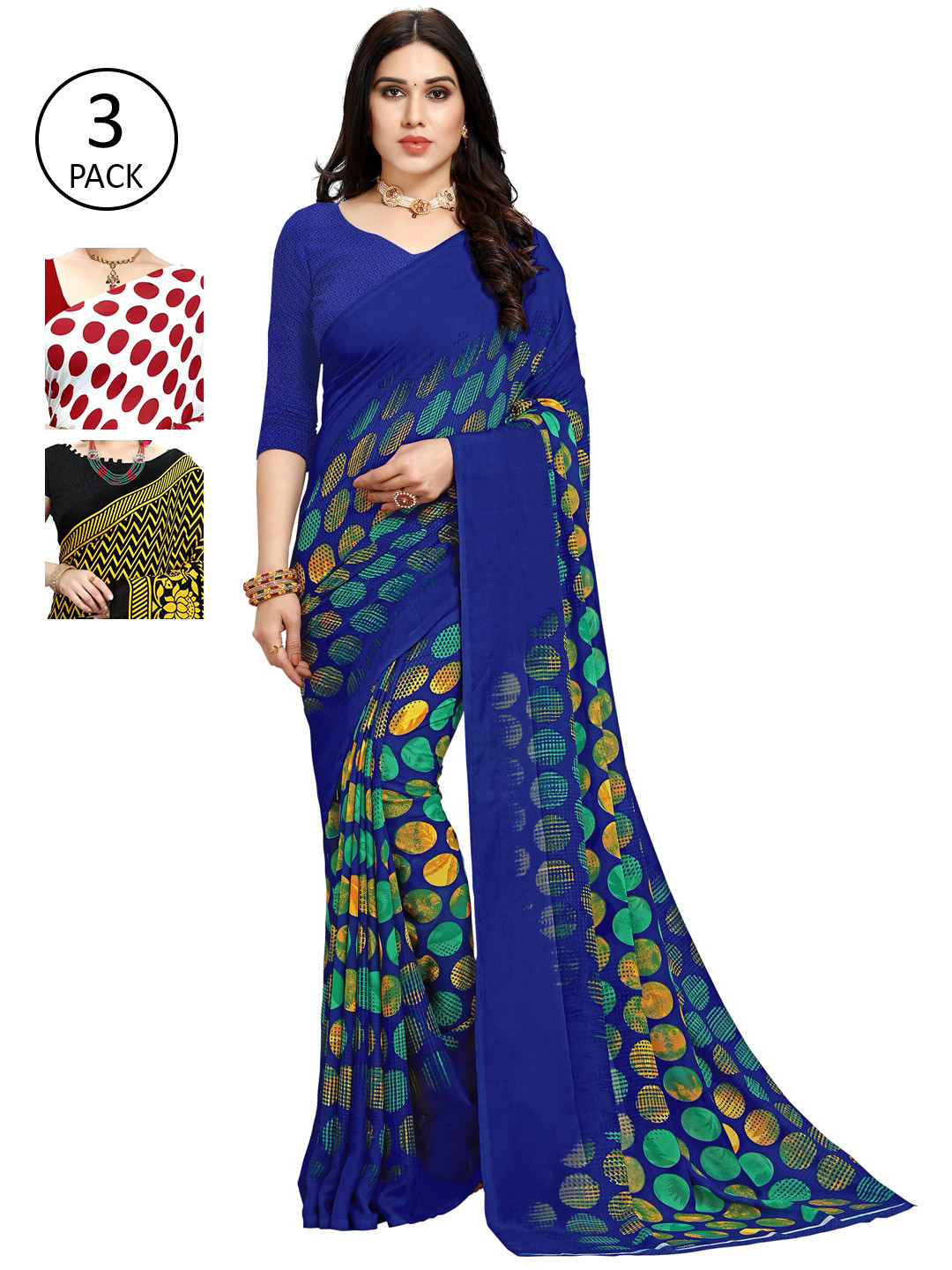

ANAND SAREES Pack Of 3 Blue & Yellow & Black Printed Sarees