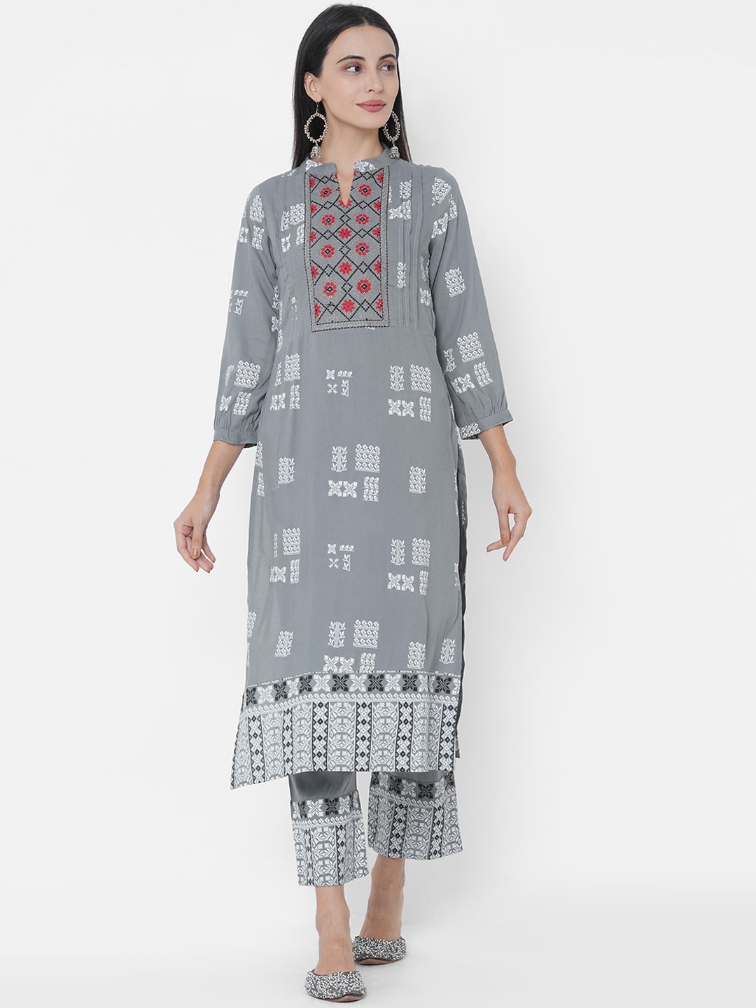 

FASHOR Women Grey Ethnic Motifs Printed Kurta with Trousers