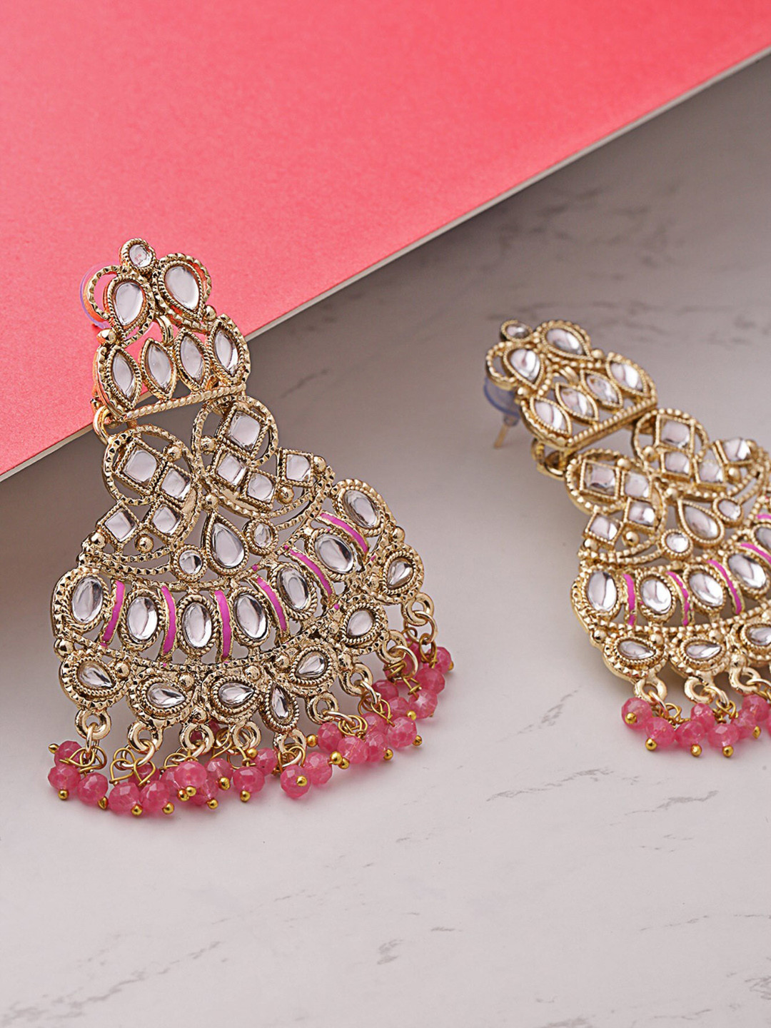 

Priyaasi Gold-Toned Pink Stone Studded & Beaded Contemporary Drop Earrings