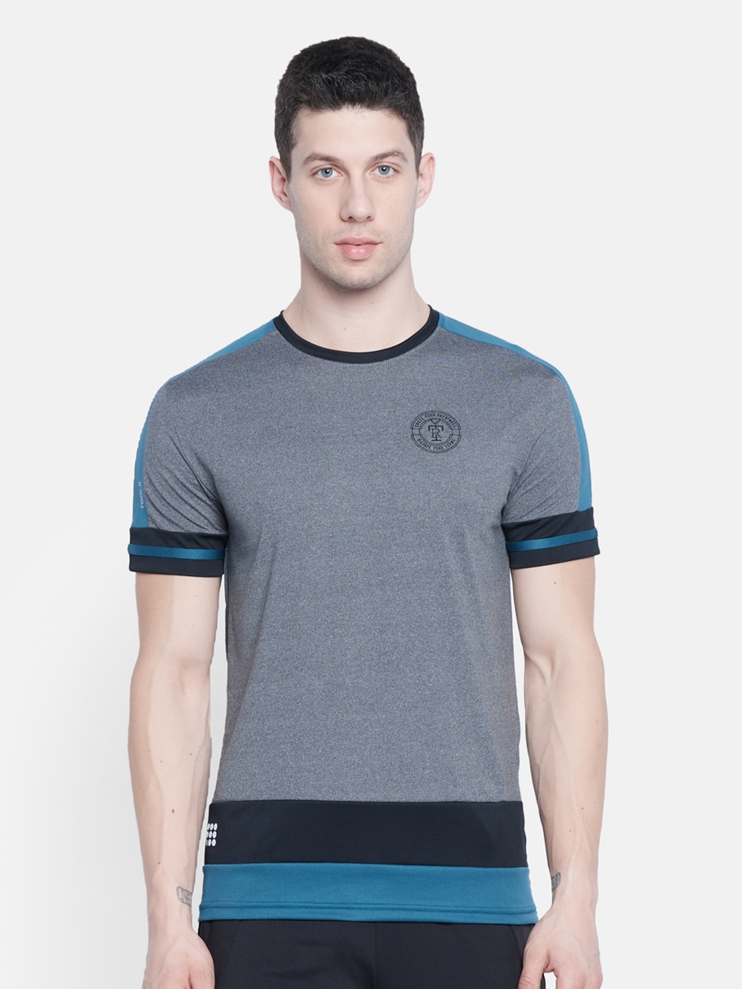 

rock it Men Grey & Blue Colourblocked T-shirt