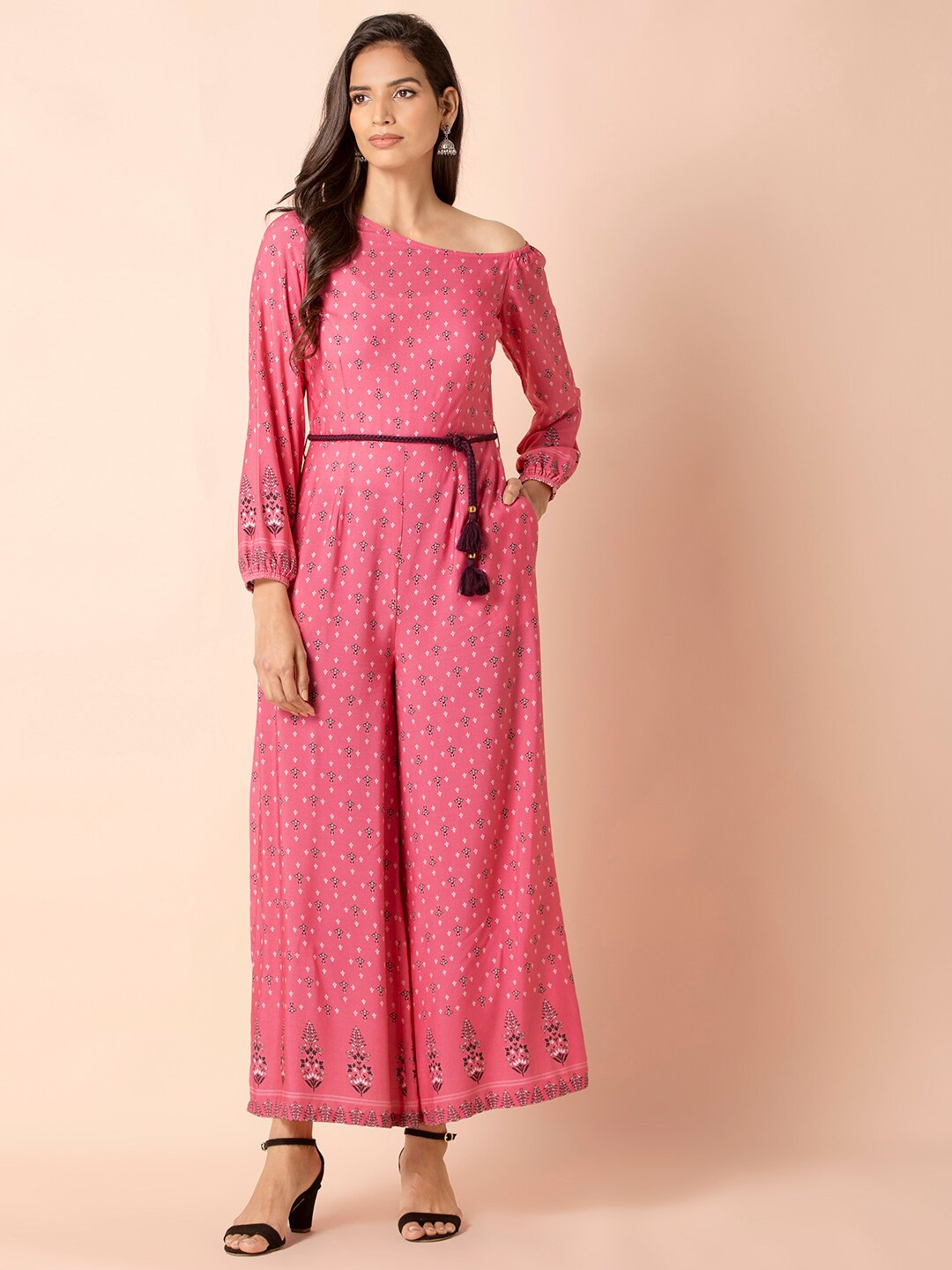 

INDYA Pink & White Printed Basic Jumpsuit
