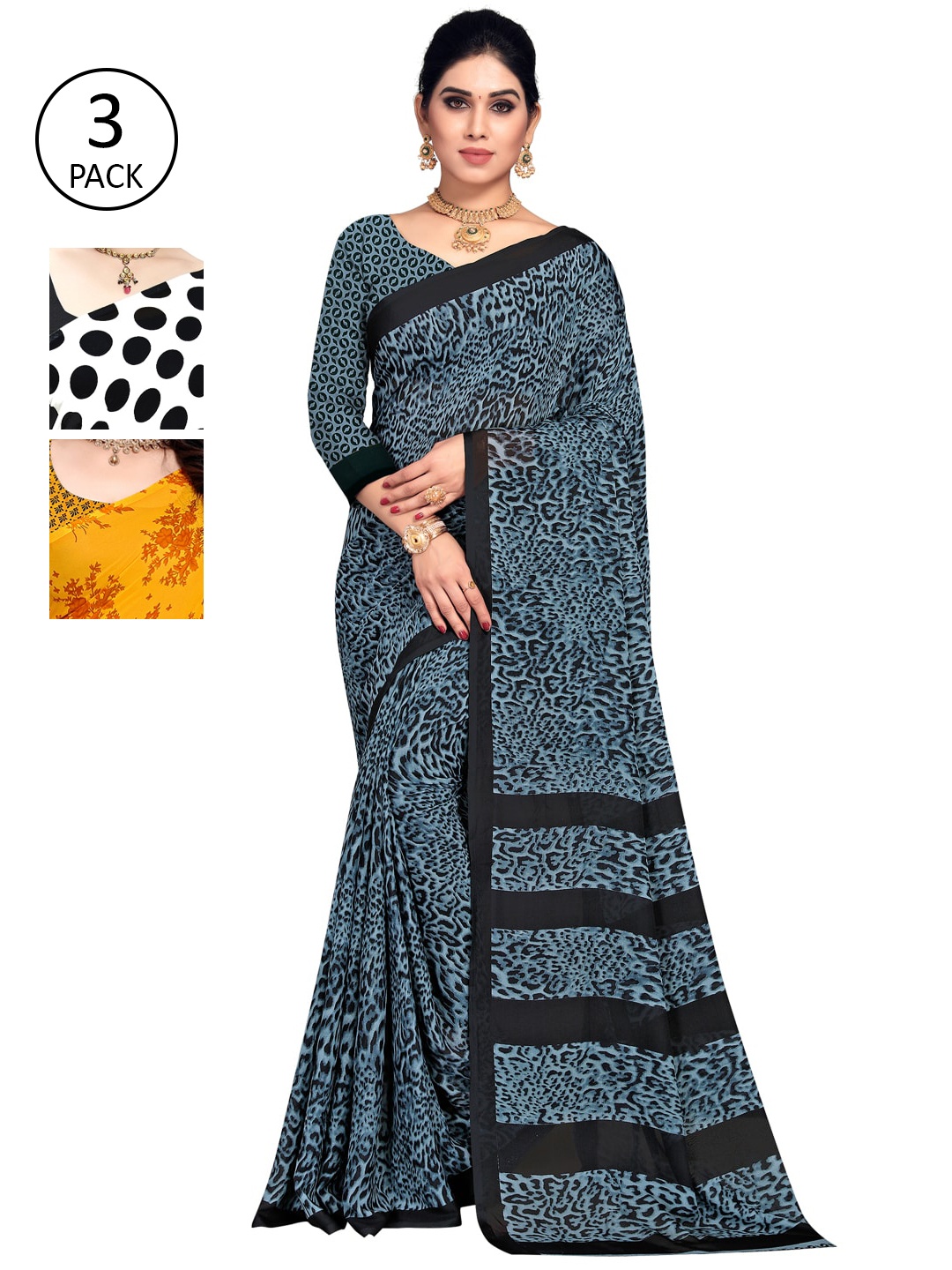 

KALINI Pack of 3 Poly Georgette Sarees, White
