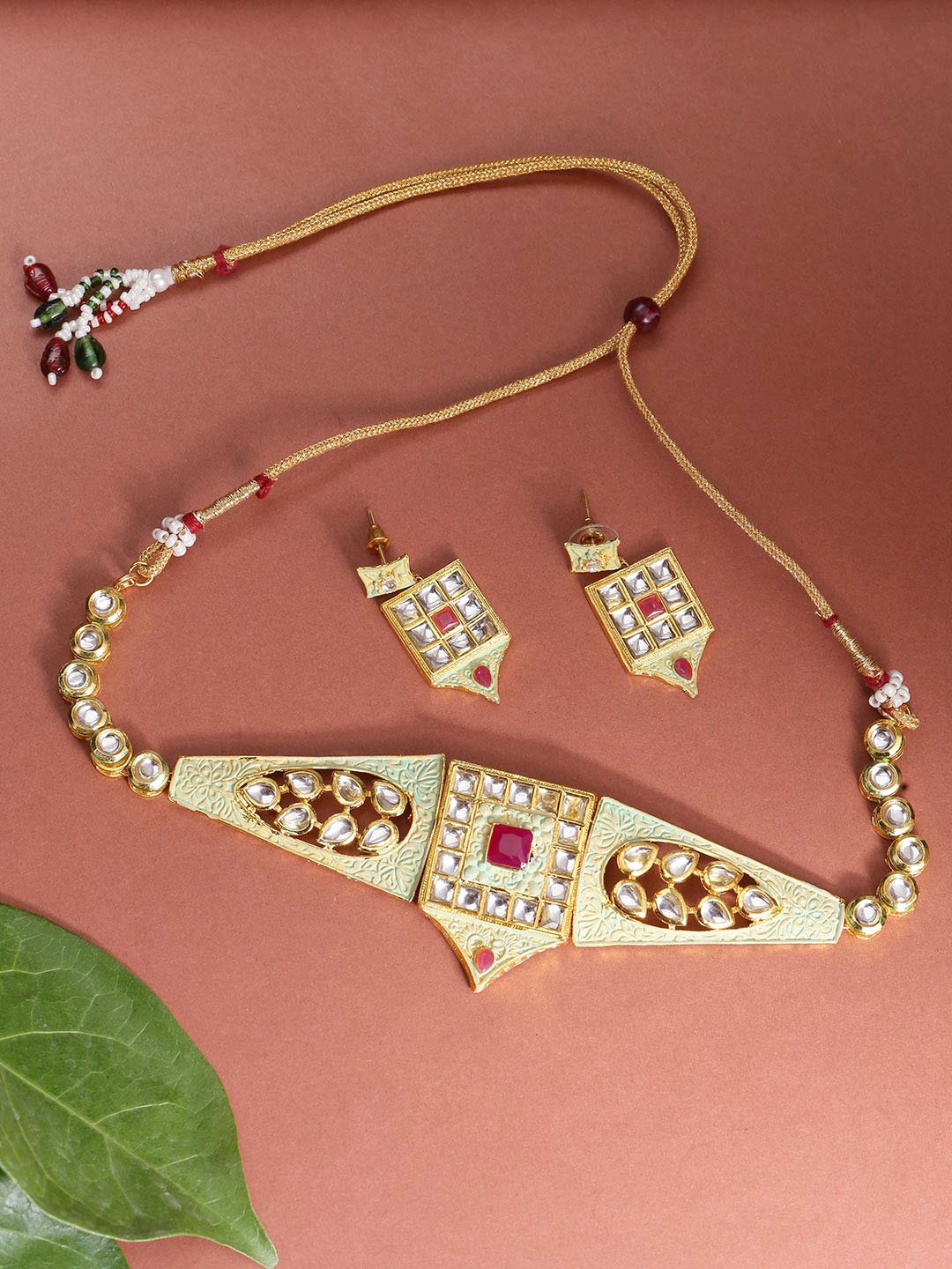 

Priyaasi Sea Green Gold-Plated Ruby & Kundan-Studded Meenakari Handcrafted Jewellery Set