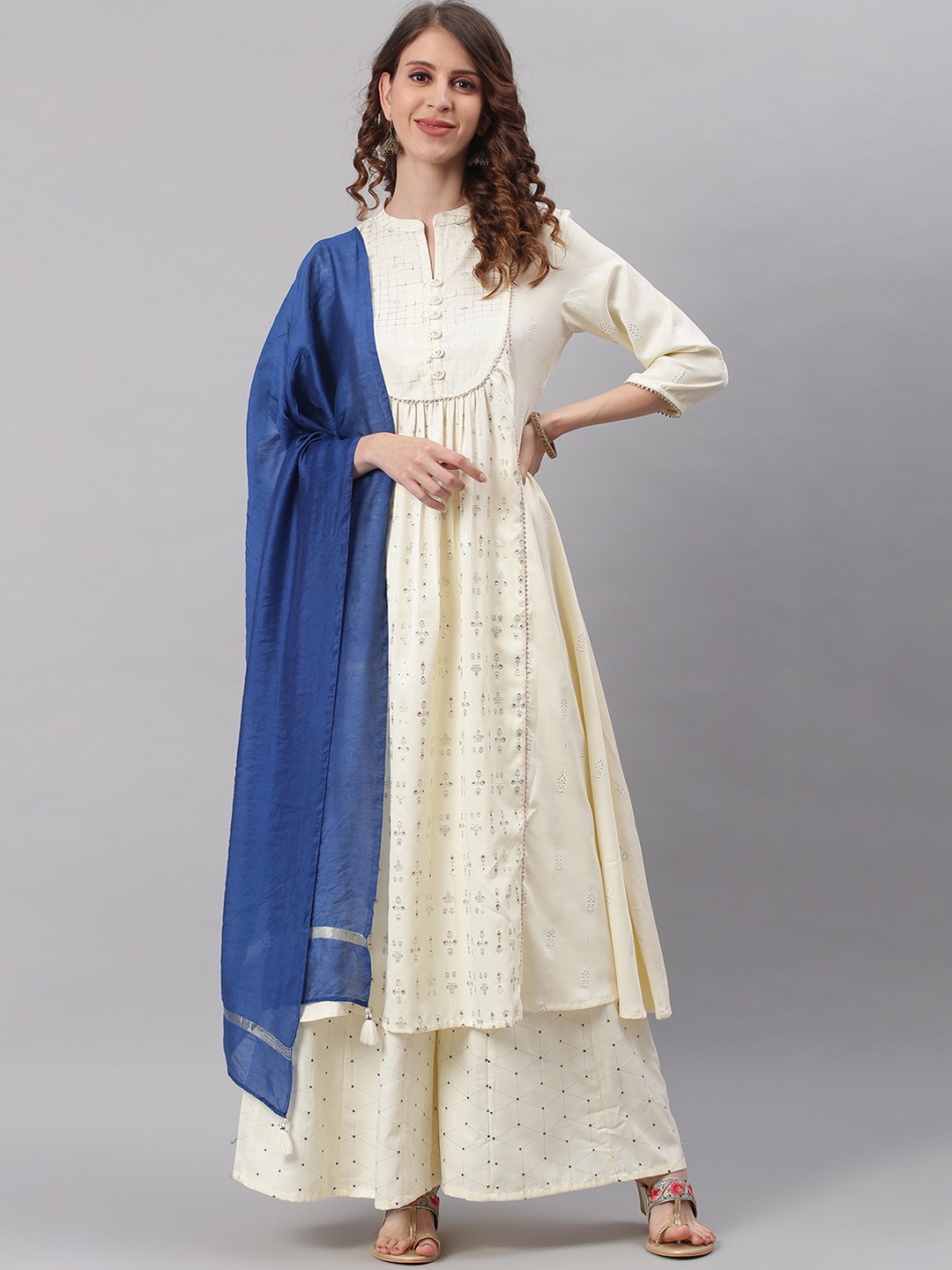 

Janasya Women Off White Floral Embroidered Panelled Kurta with Palazzos & With Dupatta