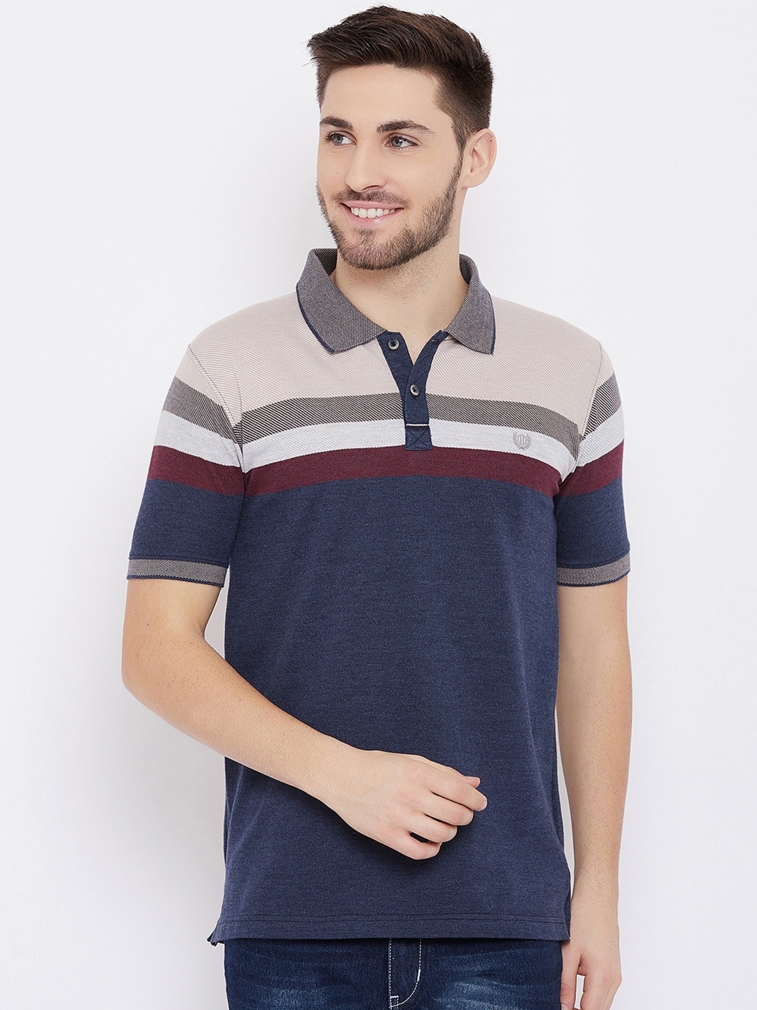

Duke Men Navy Blue & Maroon Colourblocked Polo Collar Slim Fit Cotton T-shirt