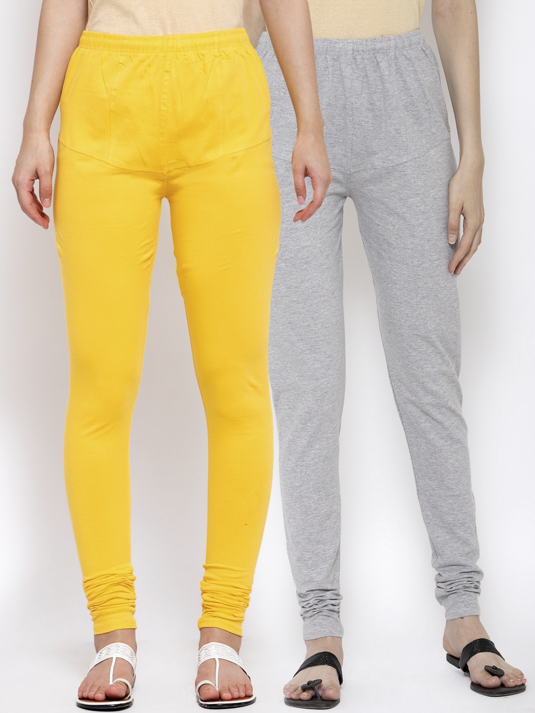 

KLOTTHE Women Pack Of 2 Solid Cotton Churidar-Length Leggings, Yellow
