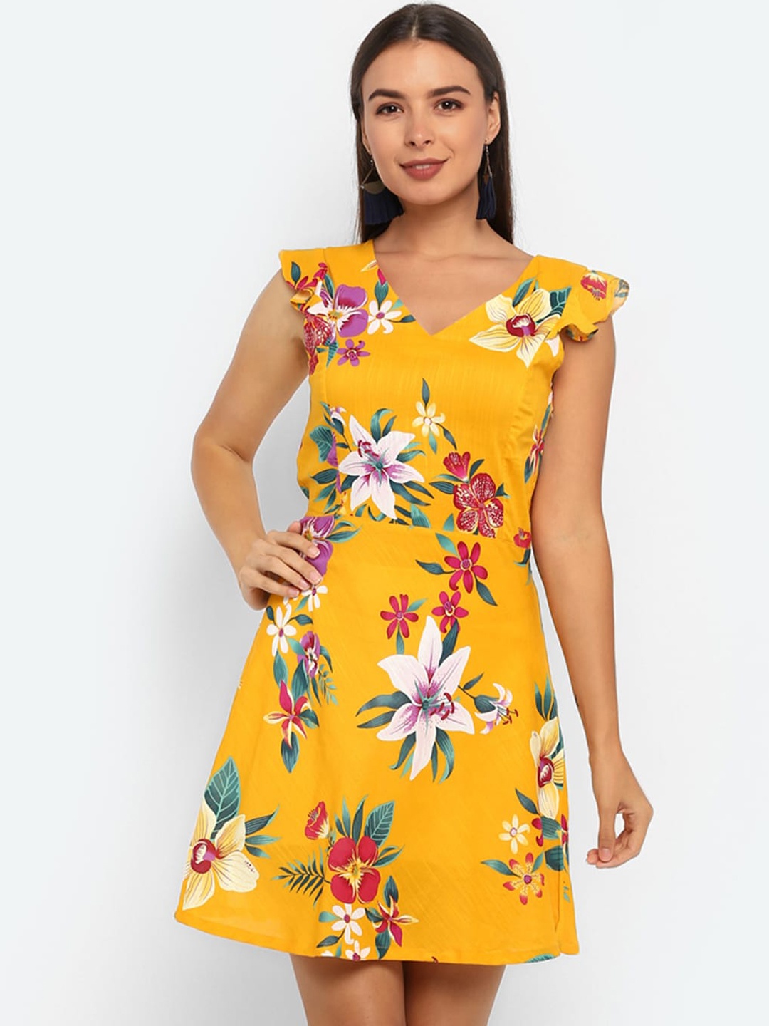 

DEEBACO Yellow & White Floral A-Line Mini Dress