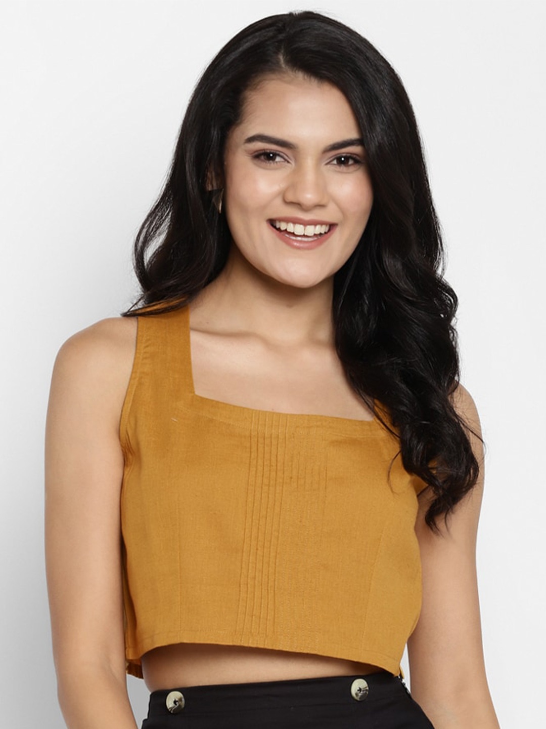 DEEBACO Mustard Yellow Pintuck Crop Top