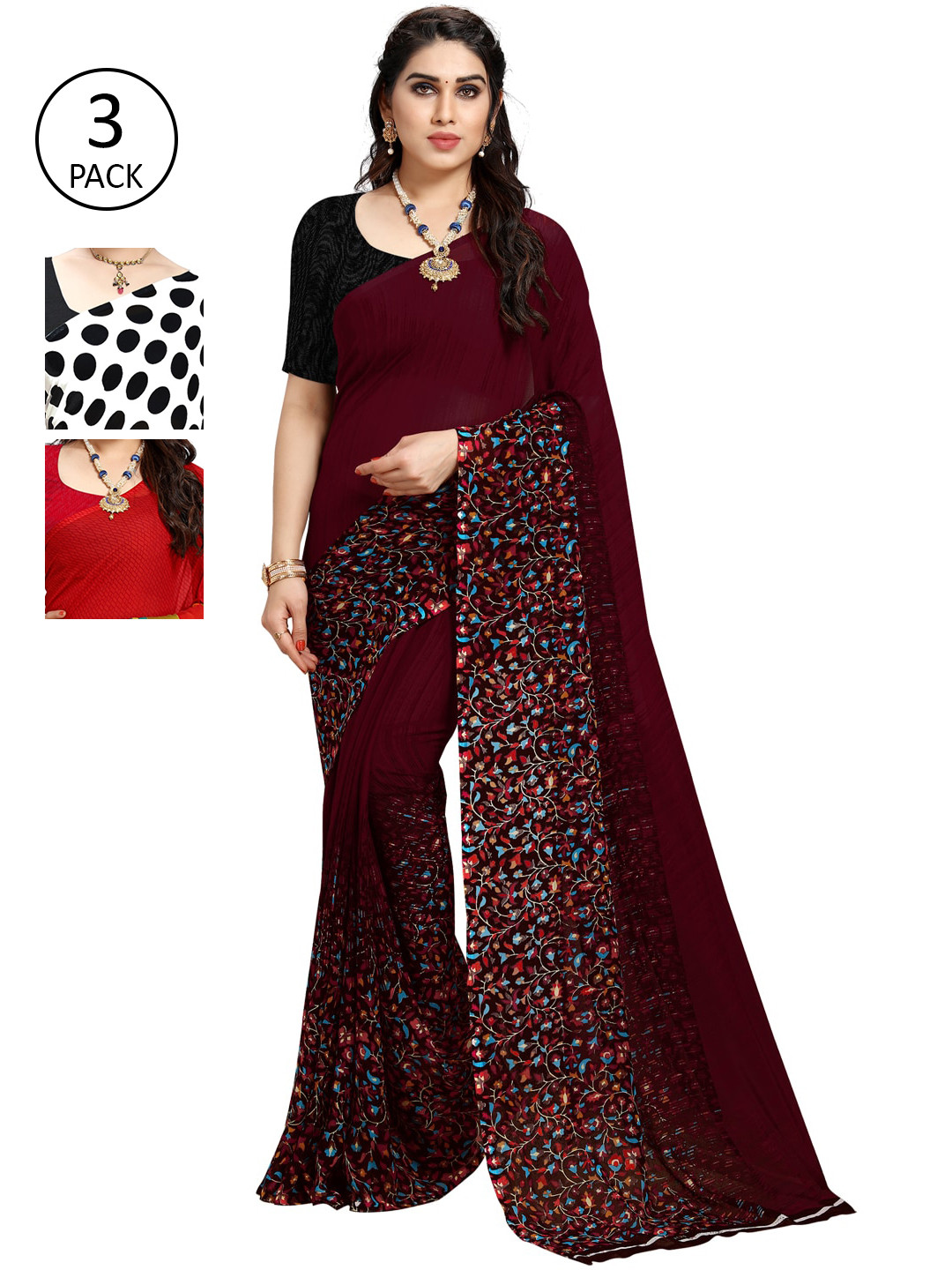 

ANAND SAREES Set of 3 Maroon, White & Red Printed Sarees