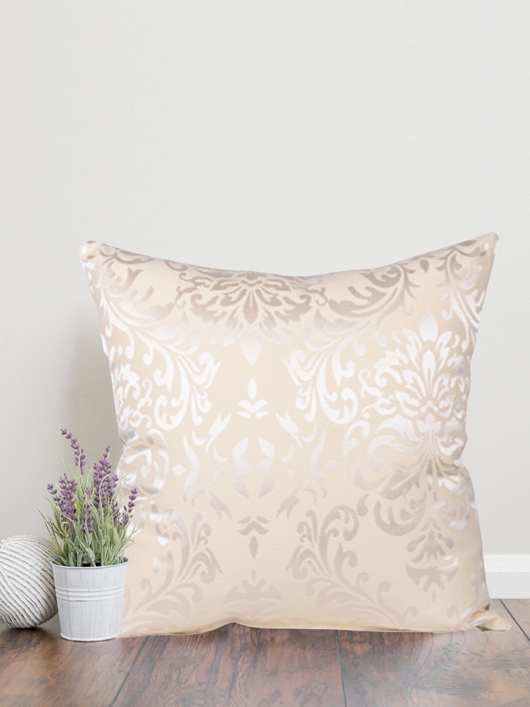 Home Cream & Silver Toned Ethnic Motifs Cotton Square Cushion Cover