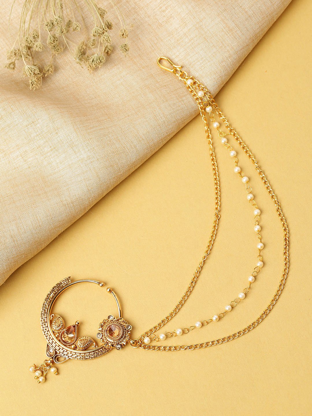 

Priyaasi Gold-Plated Pearls & Kundan-Studded Chain Nose Ring