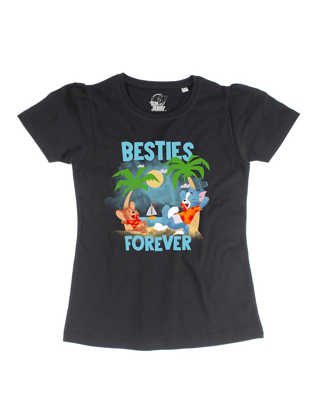 Tom & Jerry Black & Grey Puff Sleeve Cotton Top