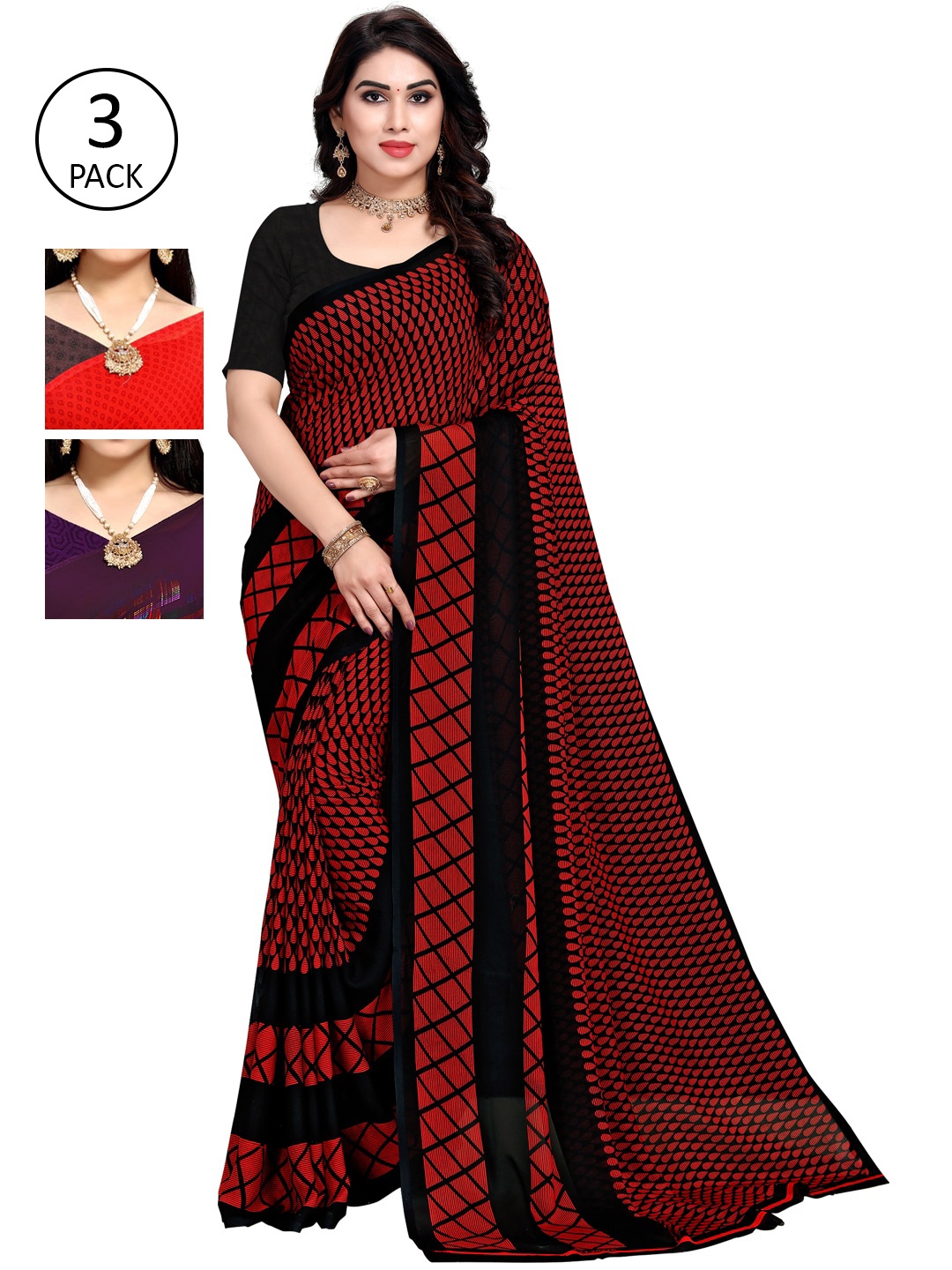 

KALINI Pack Of 3 Multicoloured Poly Georgette Sarees, Multi
