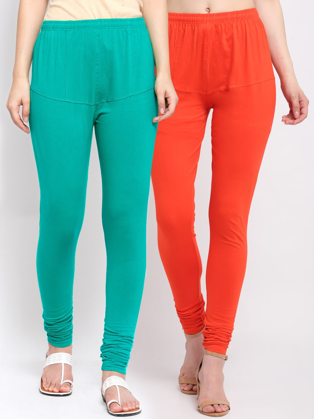 

KLOTTHE Women Pack of 2 Orange & Green Cotton Churidar-Length Leggings