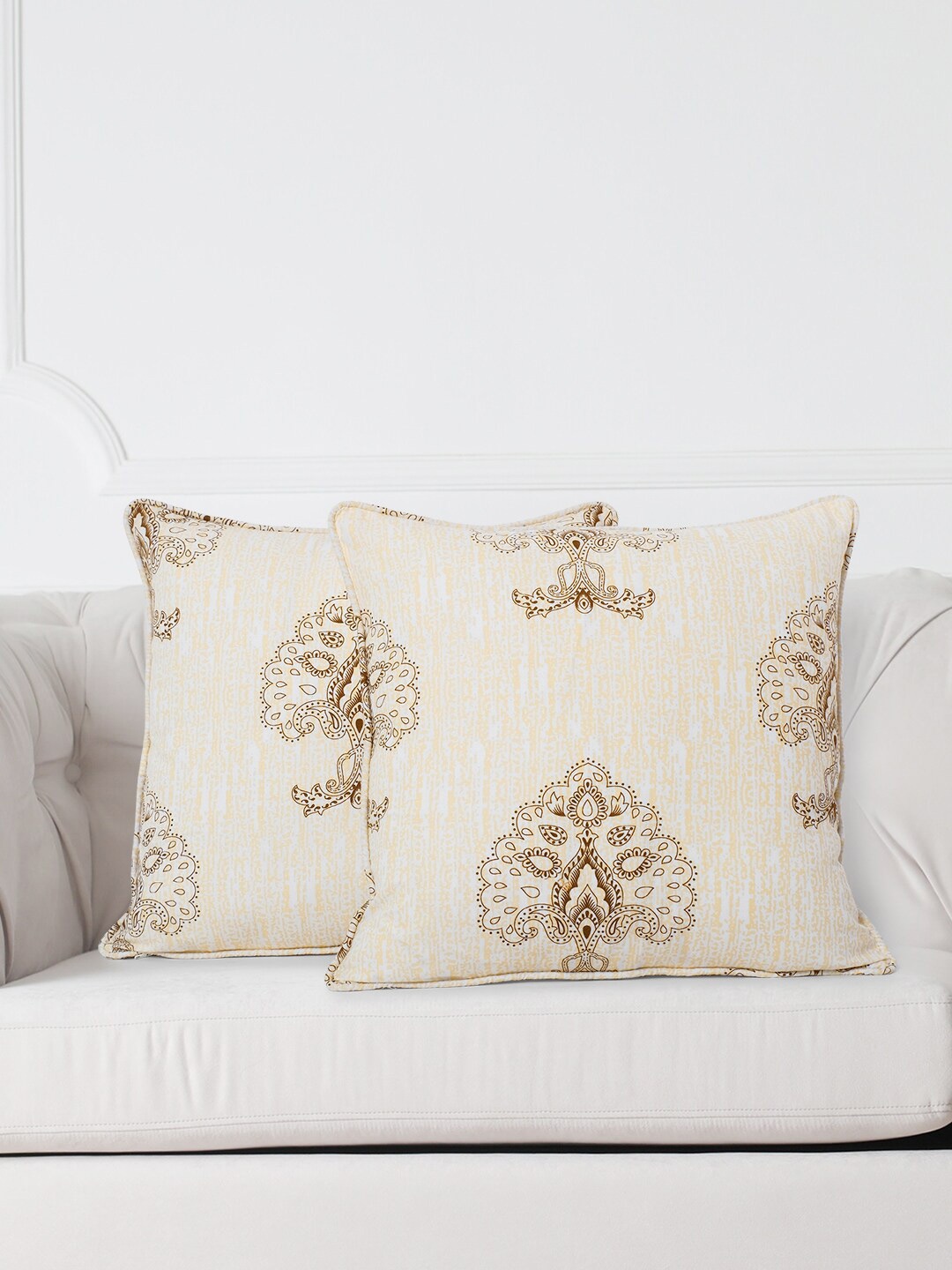 SWAYAM White & Yellow Set of 2 Ethnic Motifs Square Cushion Covers
